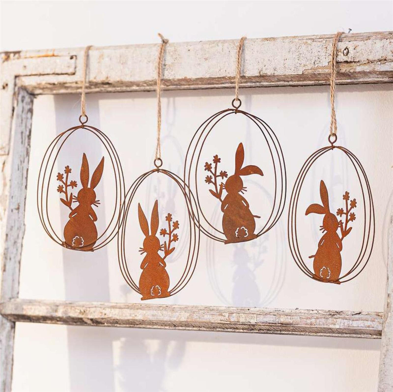 4x Dekohänger "Osterhase" aus Metall in Rost Optik, 10 x 14 cm, Osterdeko, Hängedeko, Hase in Osterei