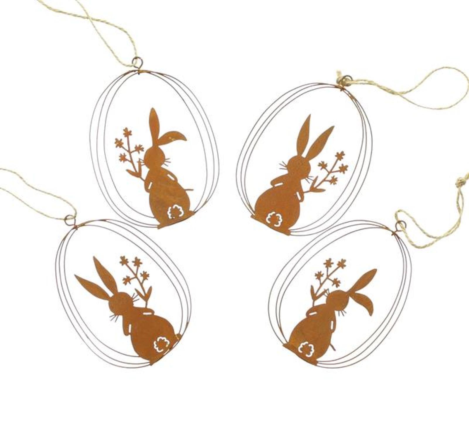 4x Dekohänger "Osterhase" aus Metall in Rost Optik, 10 x 14 cm, Osterdeko, Hängedeko, Hase in Osterei