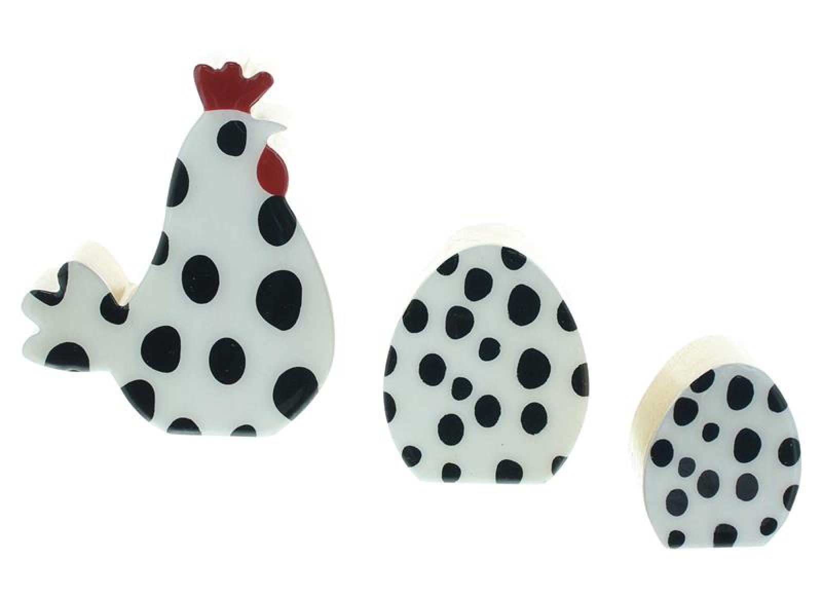 3x Osterdeko "Gepunktet" aus Holz, Huhn + 2 Ostereier, weiß + schwarz, glänzend lackiert, Dekohuhn, Osterfigur