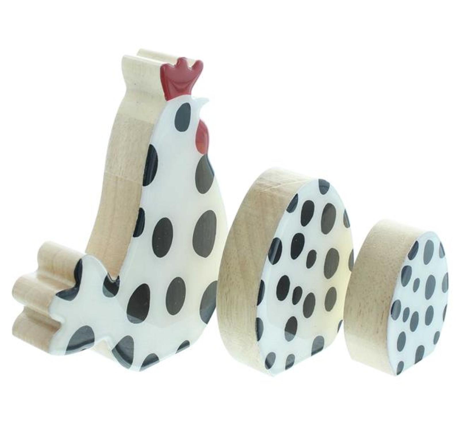 3x Osterdeko "Gepunktet" aus Holz, Huhn + 2 Ostereier, weiß + schwarz, glänzend lackiert, Dekohuhn, Osterfigur
