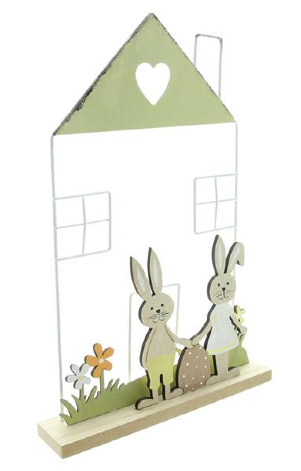 Dekofigur "Hasenhaus" aus Metall & MDF, 2 Osterhasen, Osterei & Blumen, 34 cm hoch, Osterdeko