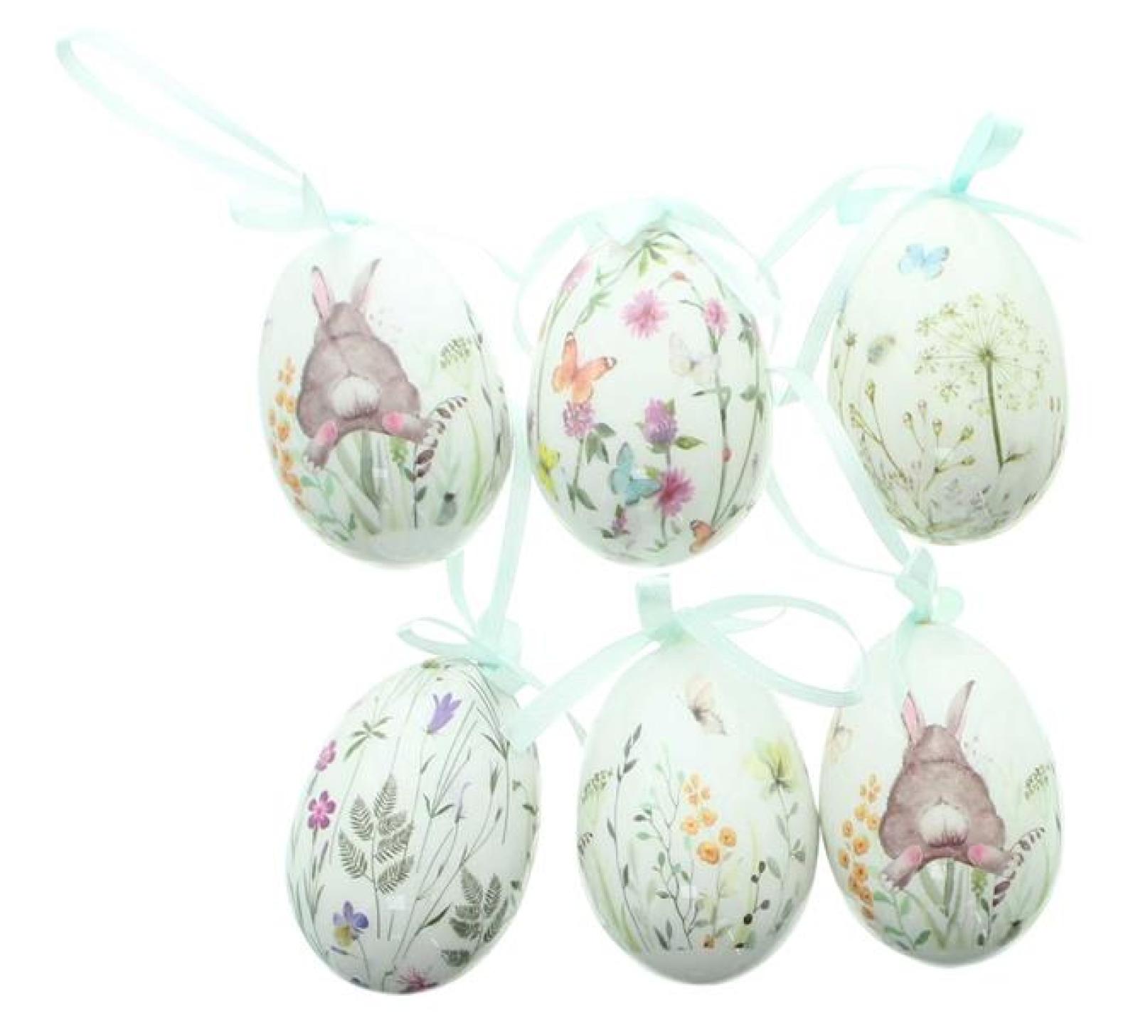 6x Dekohänger "Osterei" aus Kunststoff, creme mit Blumenmuster, 7 cm hoch, Ostereier zum Aufhängen, Hängedeko, Osterdeko