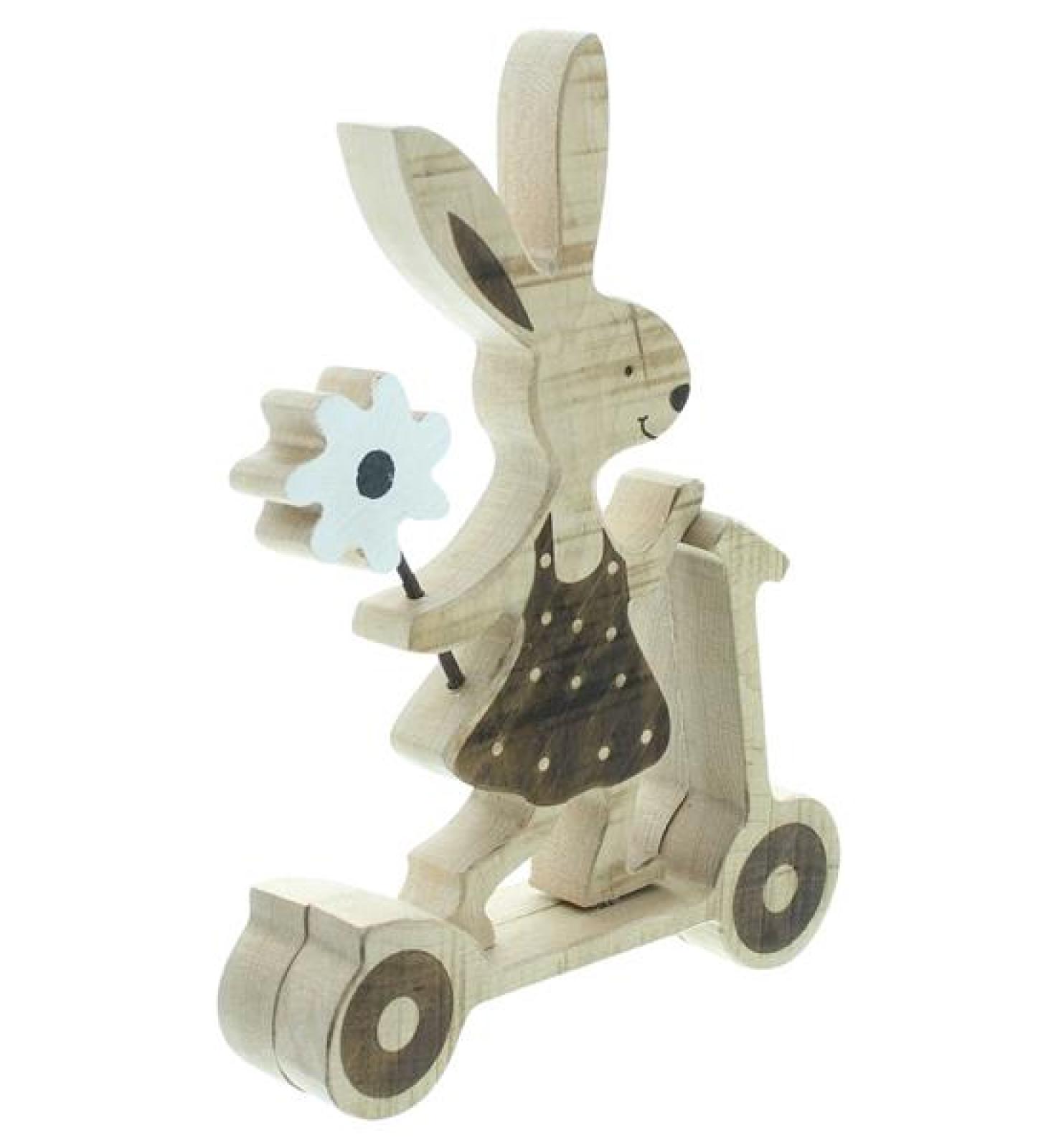 Dekofigur "Hasenmädchen auf Roller" aus recyceltem Holz, Osterhase, Osterdeko, Hasenfigur