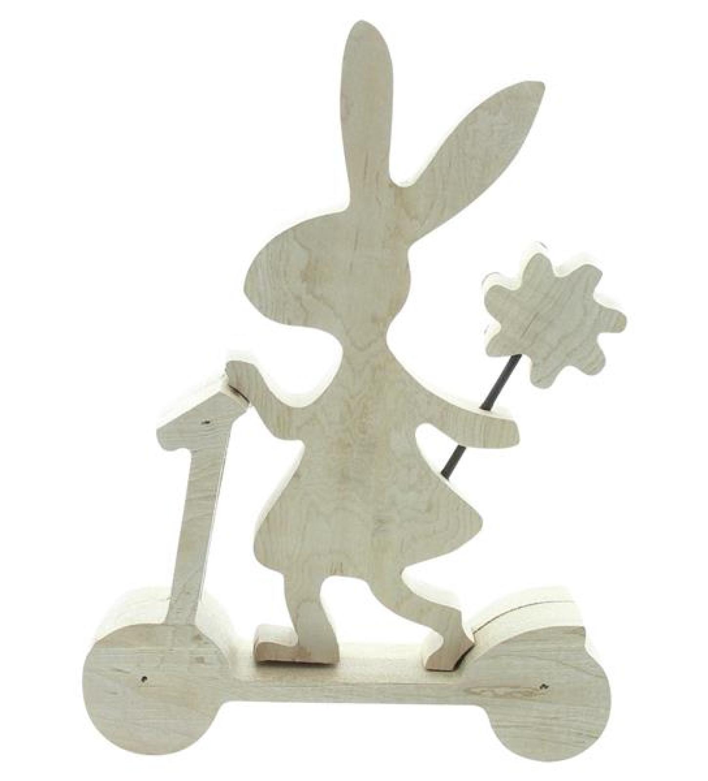 Dekofigur "Hasenmädchen auf Roller" aus recyceltem Holz, Osterhase, Osterdeko, Hasenfigur