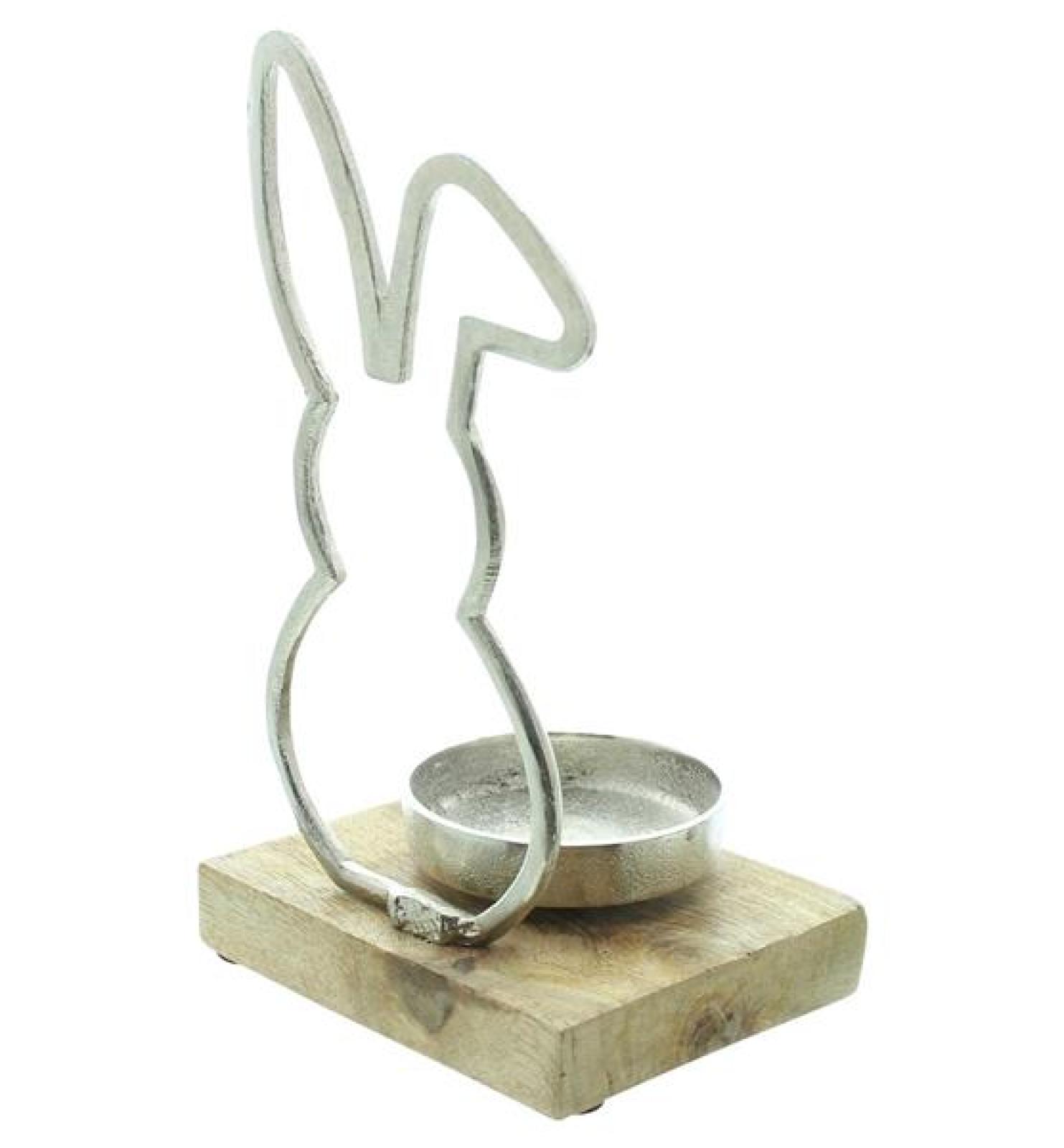 Teelichthalter "Hase" aus Mango Holz & Aluminiumguss im Antik Design, 21 cm hoch, Osterdeko, Kerzenhalter