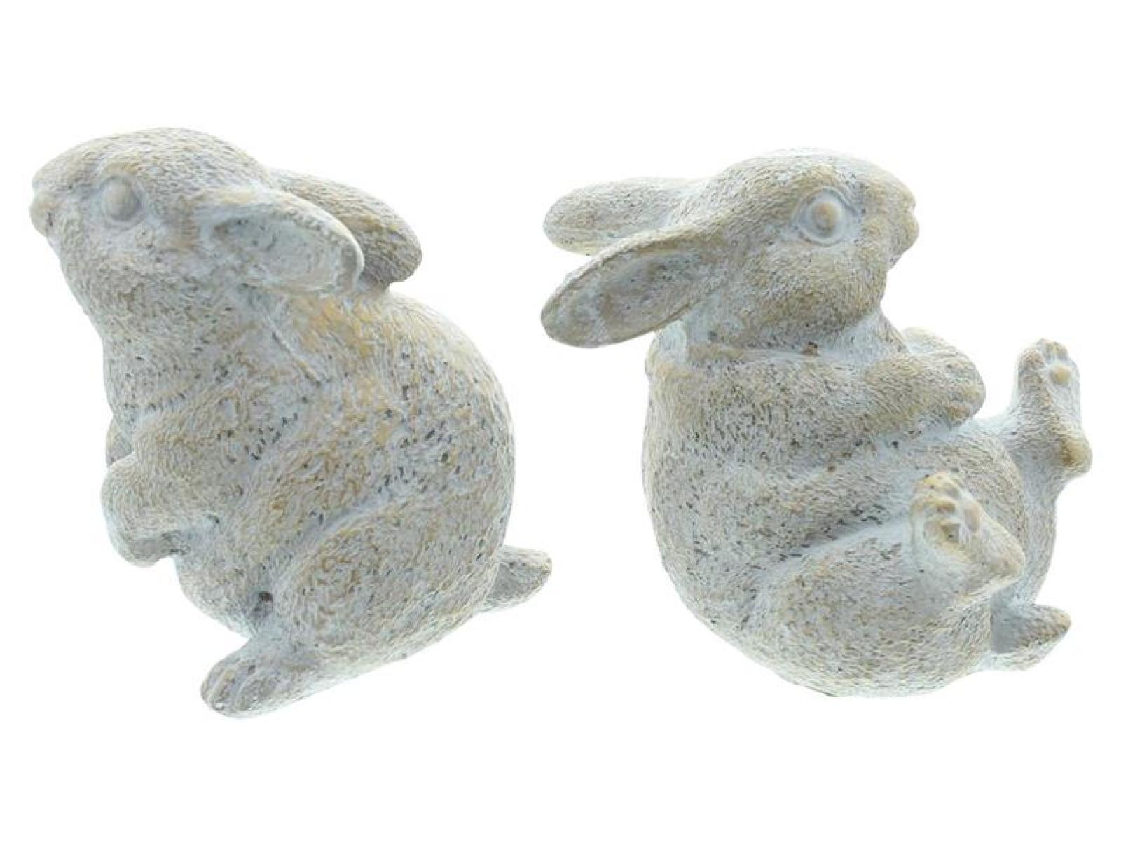 2x Dekofigur Hase "Stone" aus Zement, grau mit Gold Finish, 10 cm hoch, Osterhase, Osterdeko, Gartendeko für Draußen