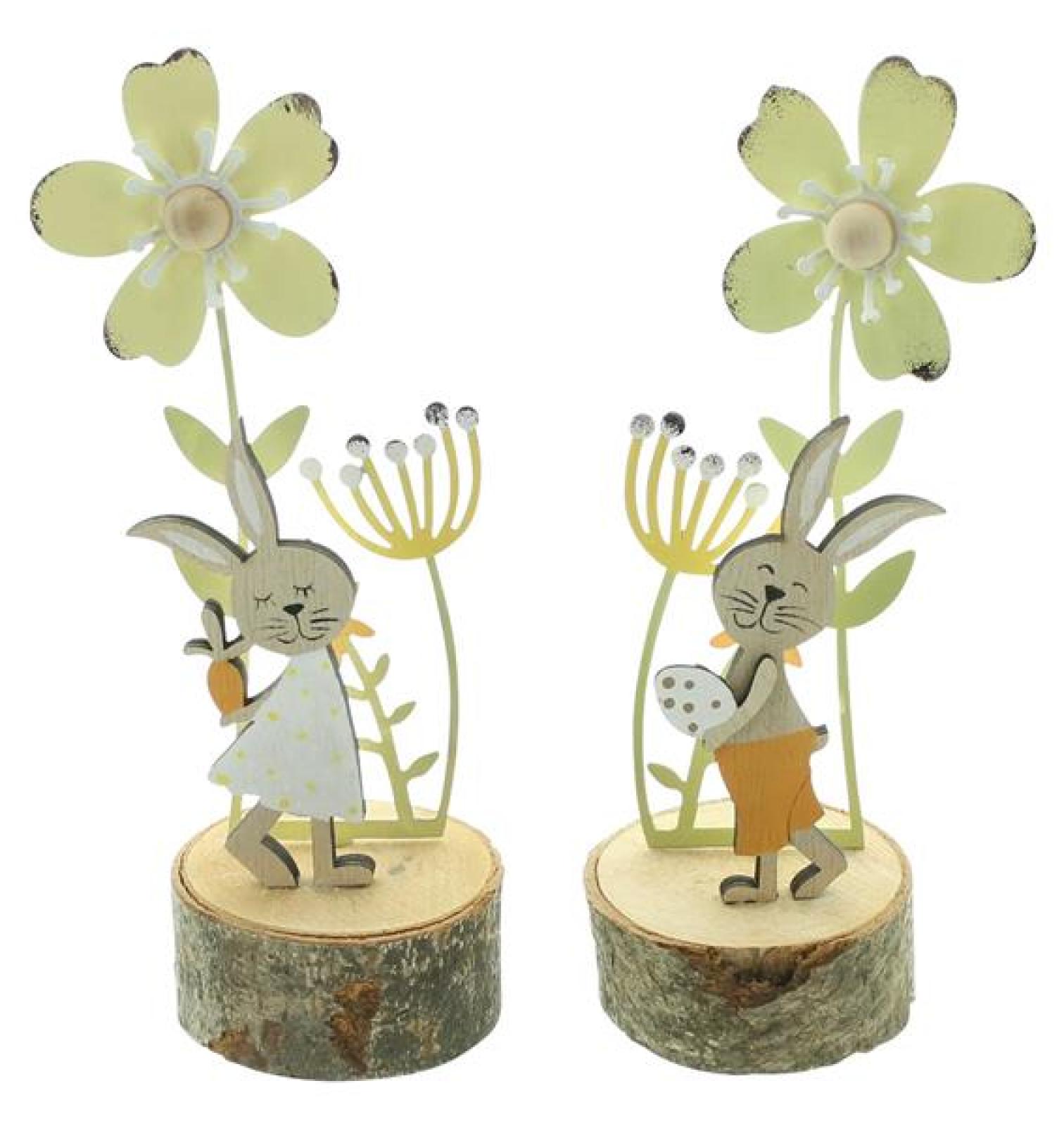 2x Dekofigur Hase "Blumenwiese" aus MDF & Metall, 18 cm hoch, Osterdeko, Osterhase, Hasenfigur