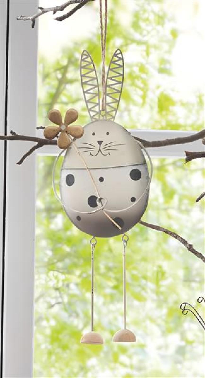 Dekohänger "Hase mit Blume" Osterhase aus Metall in Osterei Form, 23 cm hoch, Hängedeko, Fensterdeko zum Aufhängen, Frühlingsdeko hängend