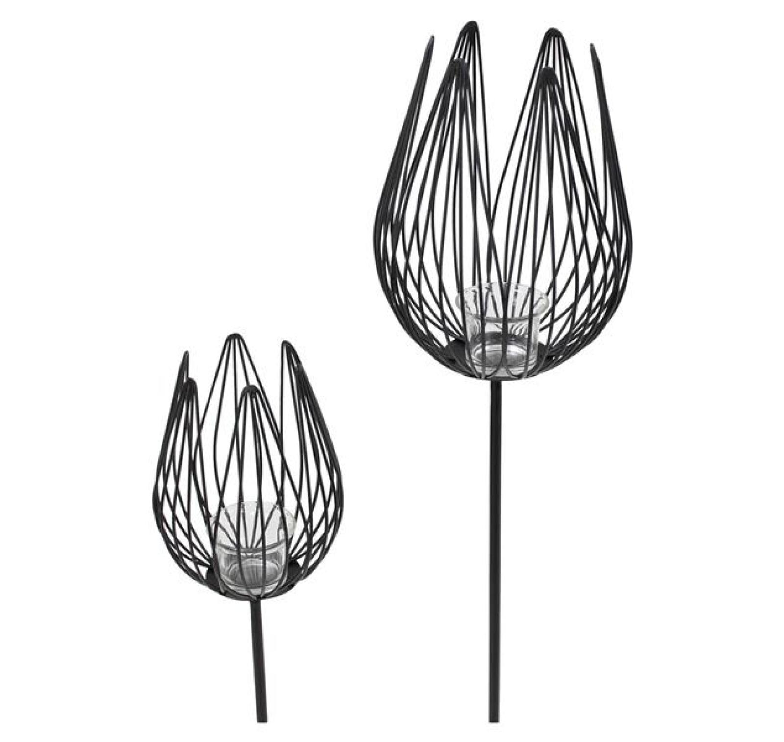 2x Gartenstecker "Blüte" aus Metall, schwarz, mit Windlicht, Teelichthalter, Dekostecker, Gartendeko für Draußen
