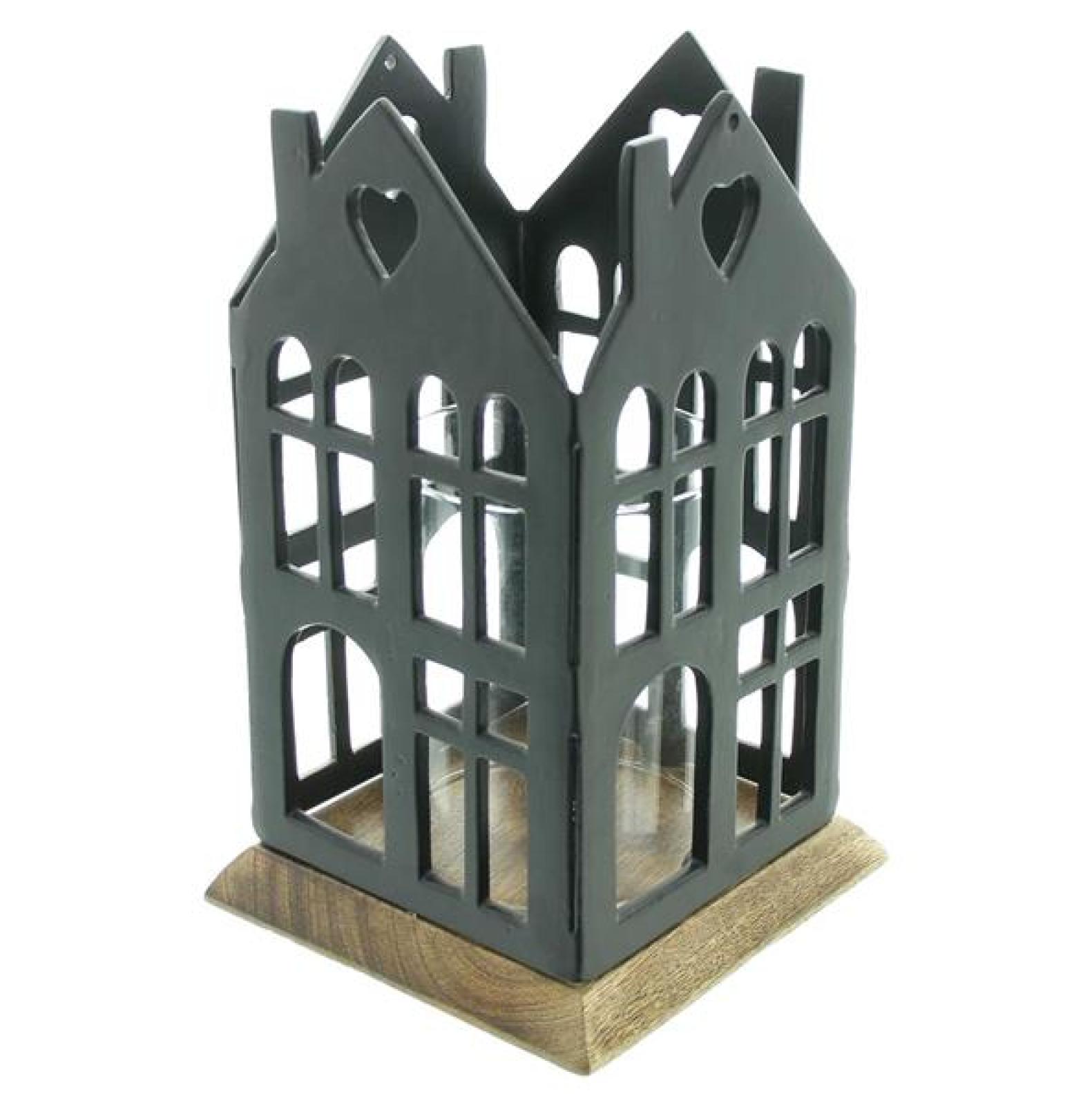 Windlicht "Haus" aus Metall, schwarz, Sockel aus Mango Holz & Windlichtglas, Kerzenhalter