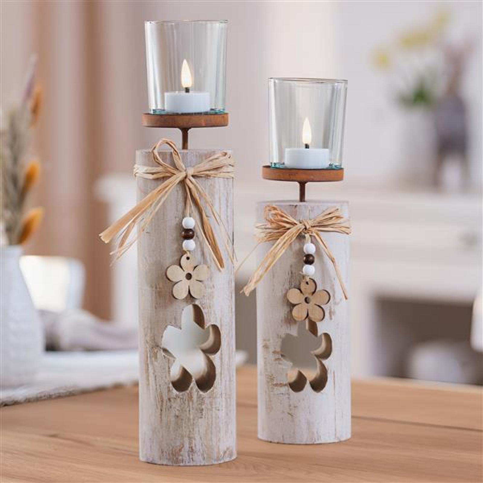 2x Windlichtsäule "Blüten" aus Holz & Glas, 30 + 35 cm hoch, im Shabby Look, Teelichthalter, Holzsäule mit Kerzenglas