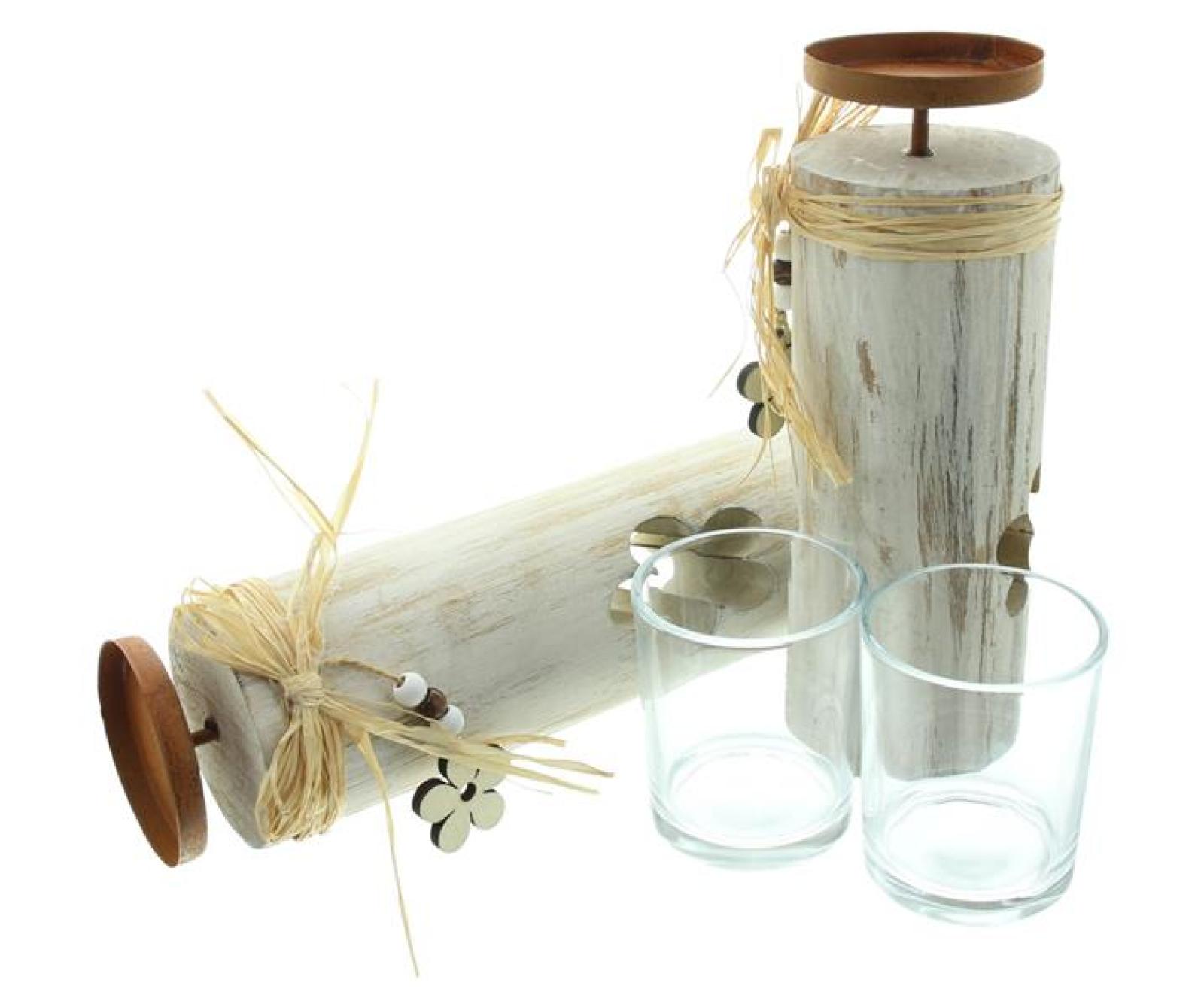 2x Windlichtsäule "Blüten" aus Holz & Glas, 30 + 35 cm hoch, im Shabby Look, Teelichthalter, Holzsäule mit Kerzenglas