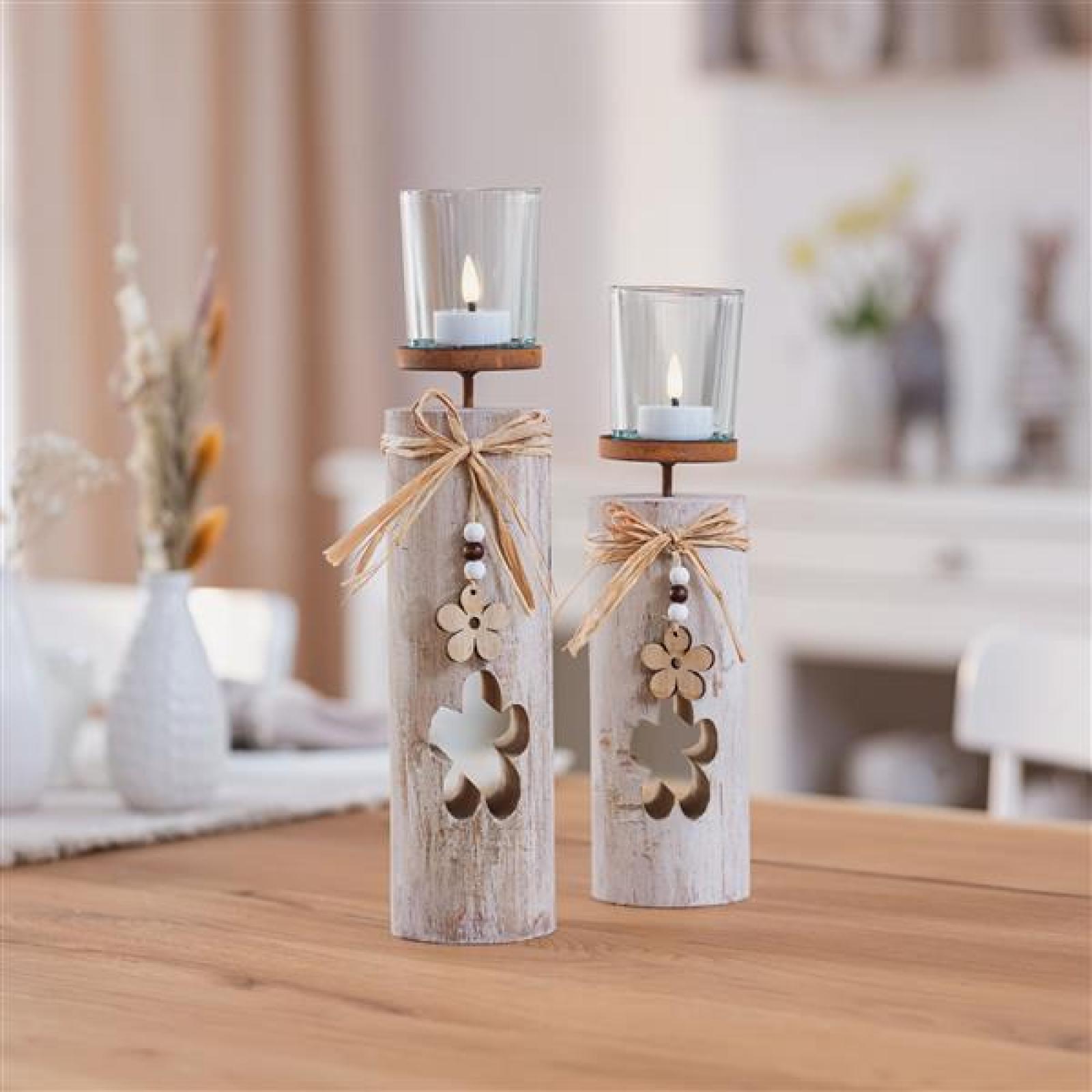 2x Windlichtsäule "Blüten" aus Holz & Glas, 30 + 35 cm hoch, im Shabby Look, Teelichthalter, Holzsäule mit Kerzenglas