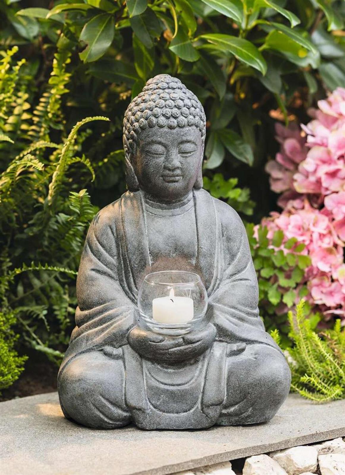 Dekofigur Buddha "Erleuchtung" aus Zement in Stein Optik mit Windlichtglas, 33 cm hoch, Gartendeko für Draußen