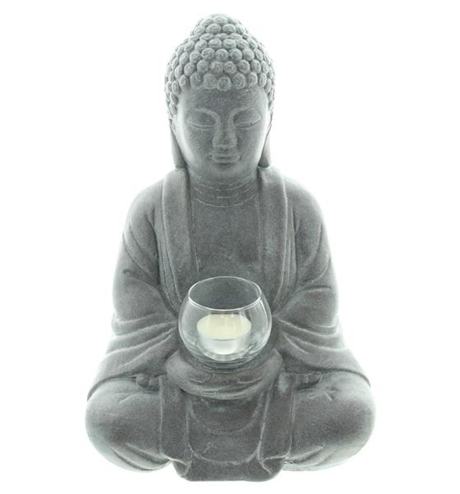 Dekofigur Buddha "Erleuchtung" aus Zement in Stein Optik mit Windlichtglas, 33 cm hoch, Gartendeko für Draußen
