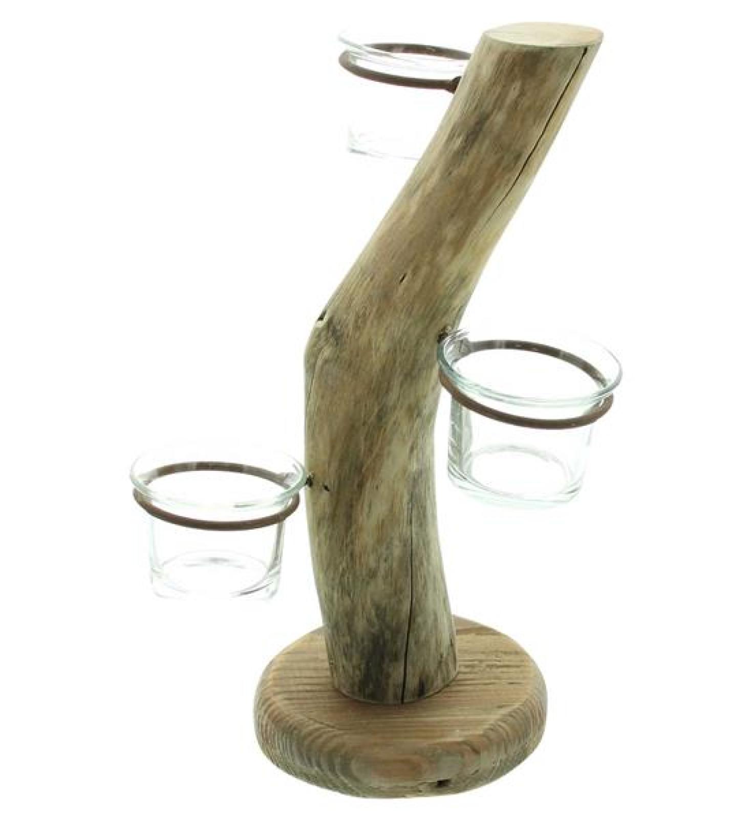 Teelichthalter "Baum" aus Holz, 3 Teelichtgläser, 28 cm hoch, Unikat, Kerzenhalter