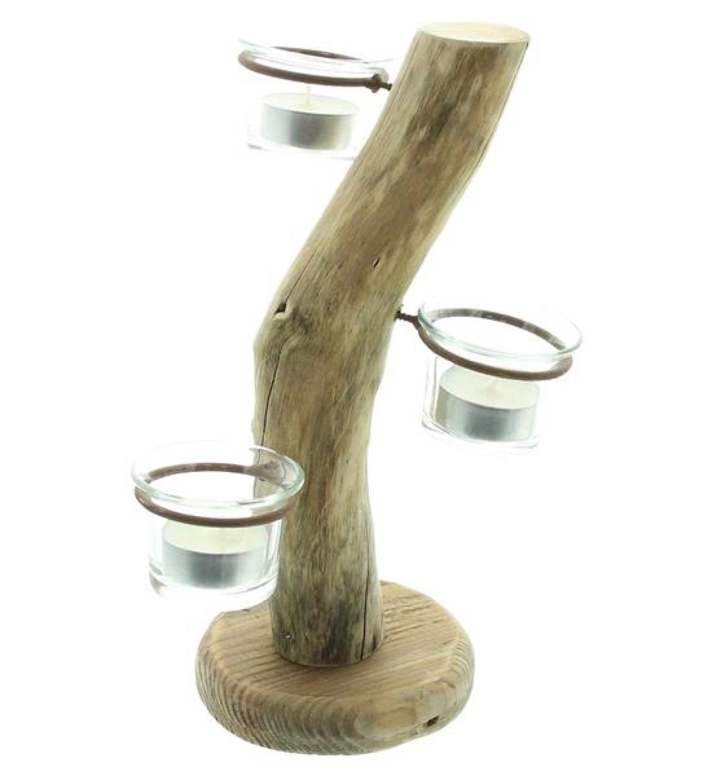 Teelichthalter "Baum" aus Holz, 3 Teelichtgläser, 28 cm hoch, Unikat, Kerzenhalter