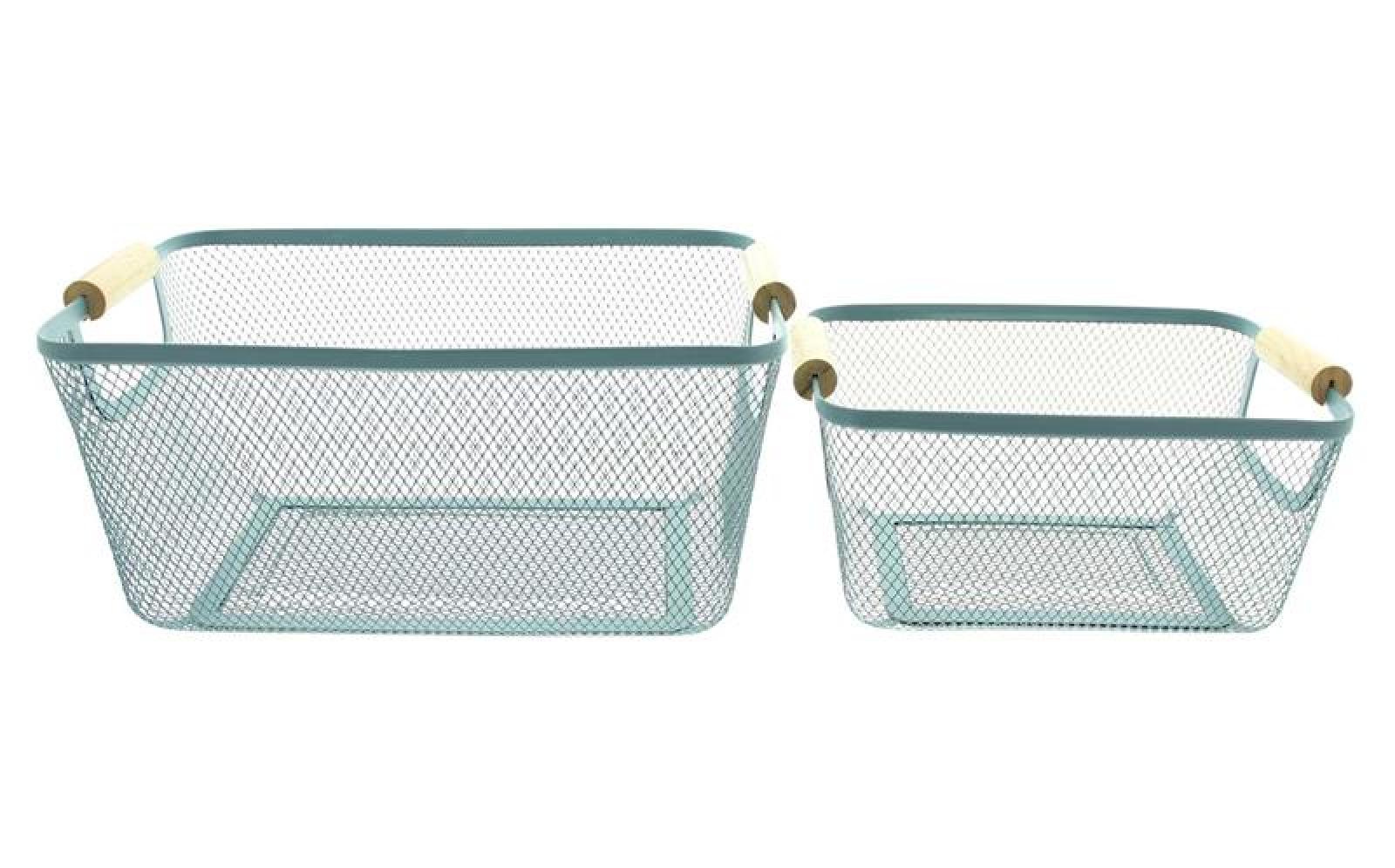 2x Aufbewahrungskorb "Blue" aus Metall in blau, Drahtkorb, Bambusgriffe, Ordnungsbox, Obstkorb