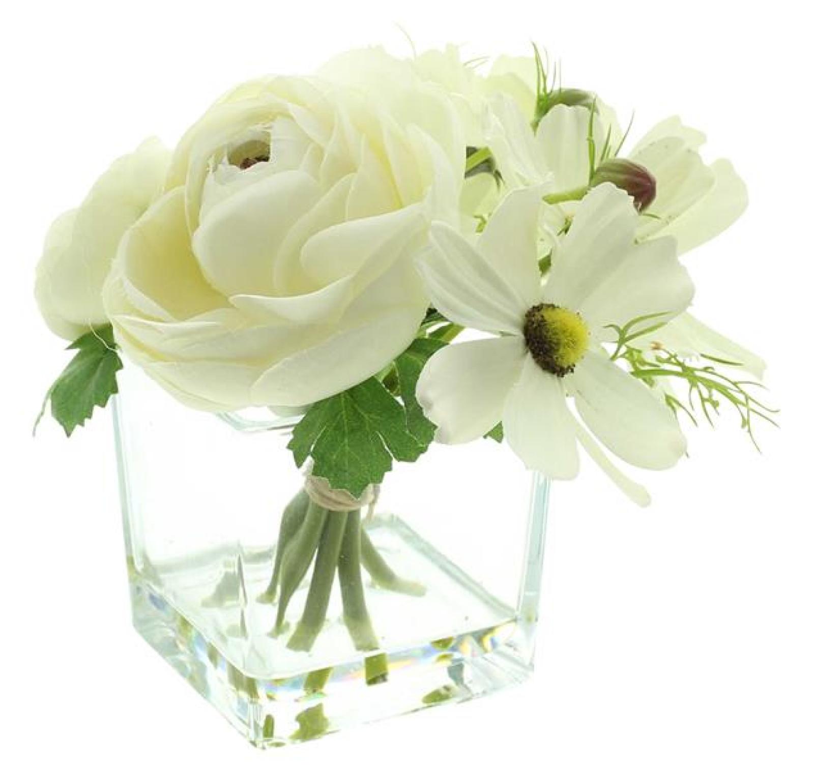 Deko-Set "White" Vase mit Blumenstrauß, Glasvase mit künstlichen Blumen, Blumenvase, Tischvase