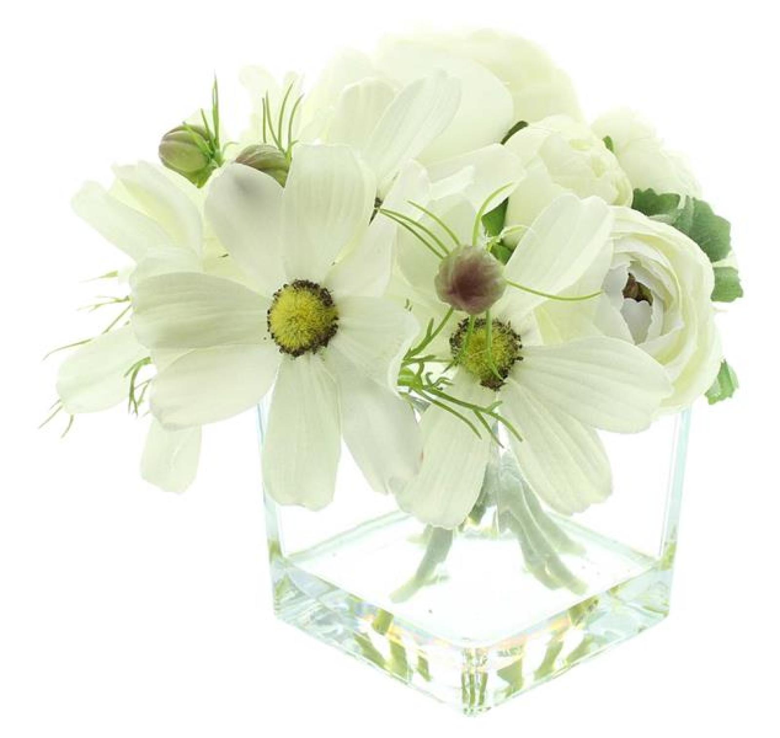 Deko-Set "White" Vase mit Blumenstrauß, Glasvase mit künstlichen Blumen, Blumenvase, Tischvase