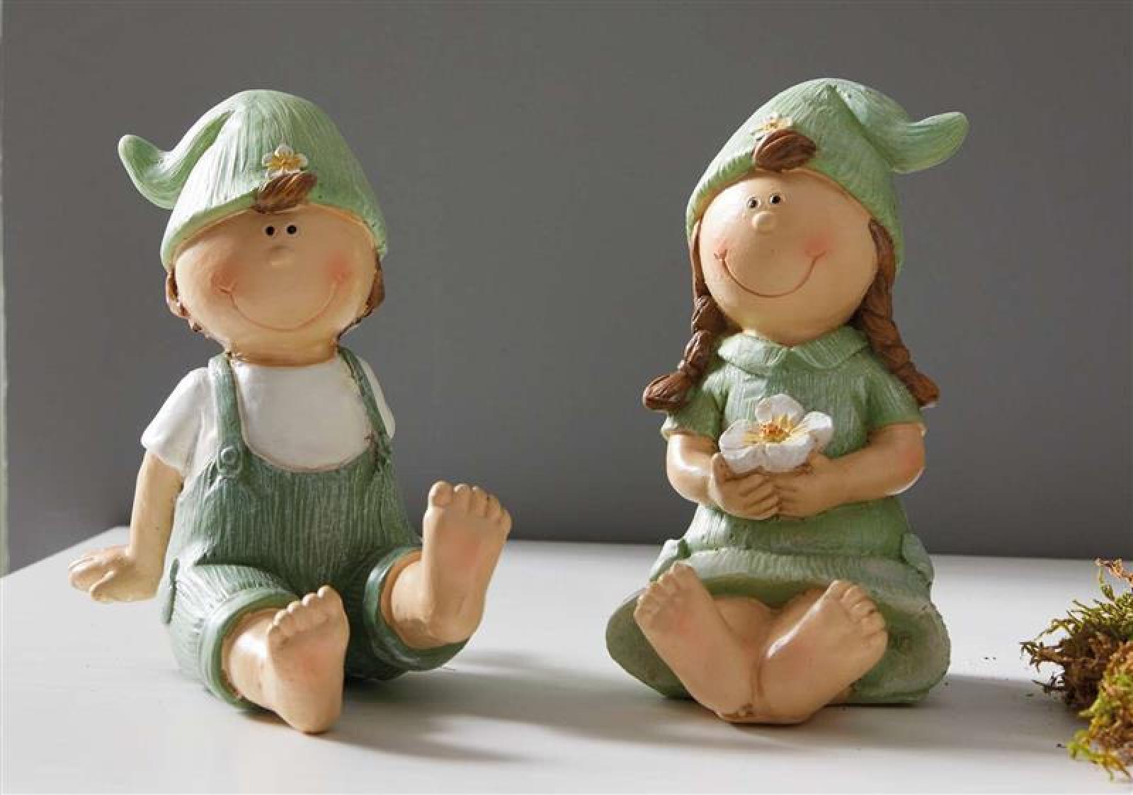 2x Dekofigur "Frühling" Junge und Mädchen aus Polyresin, Gartenfigur wetterfest, Gartendeko für Draußen