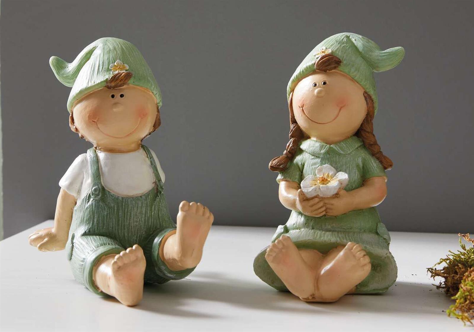 2x Dekofigur "Frühling" Junge und Mädchen aus Polyresin, Gartenfigur wetterfest, Gartendeko für Draußen