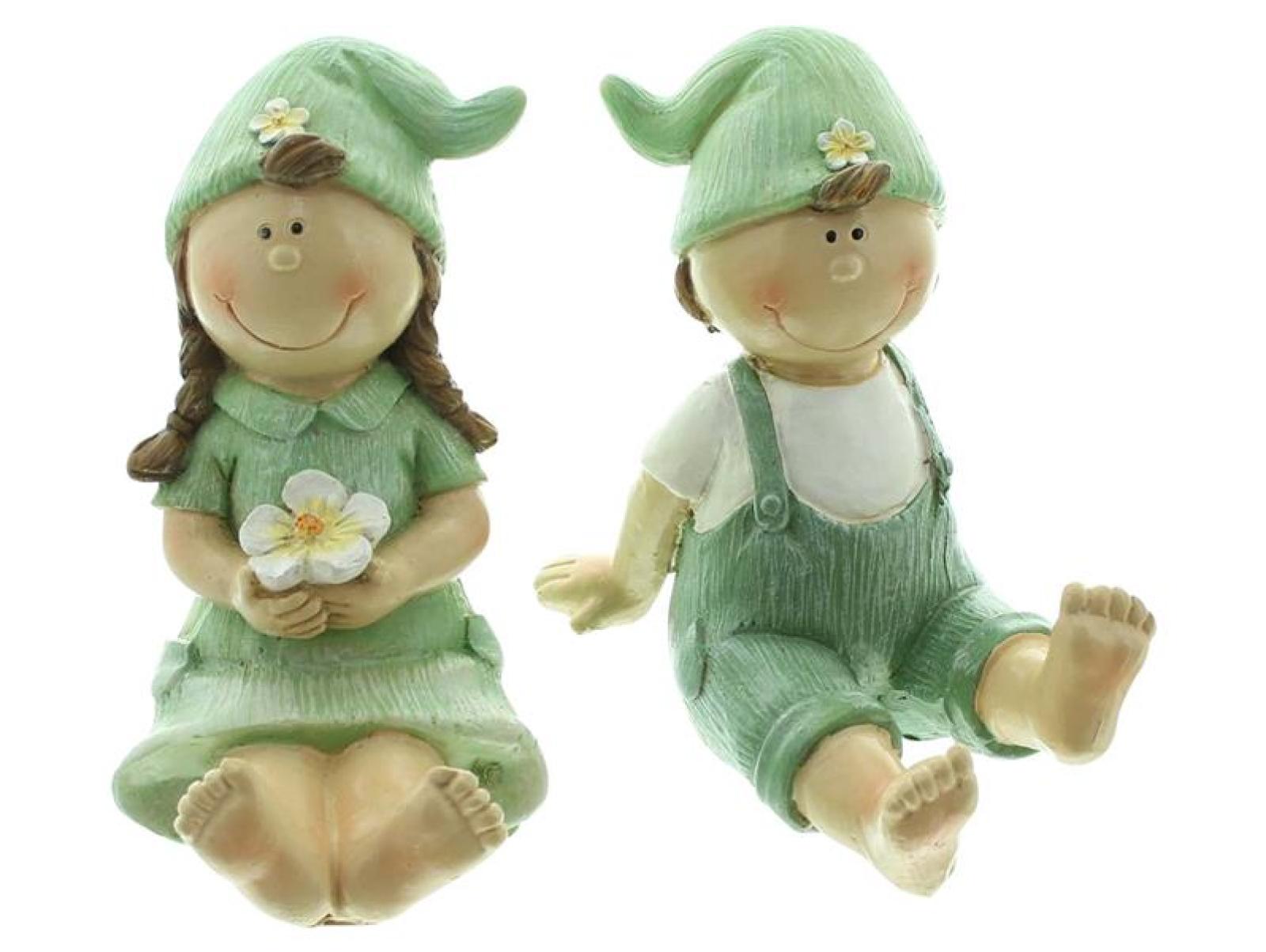 2x Dekofigur "Frühling" Junge und Mädchen aus Polyresin, Gartenfigur wetterfest, Gartendeko für Draußen