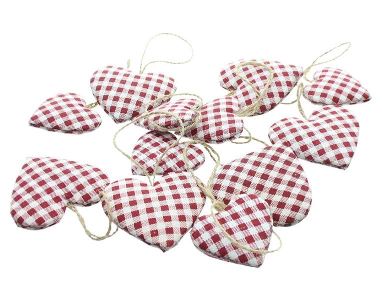 12x Dekohänger "Herz" aus Stoff, rot weiß kariert, Ø 5 + 6 cm groß, Herzhänger, Hängedeko