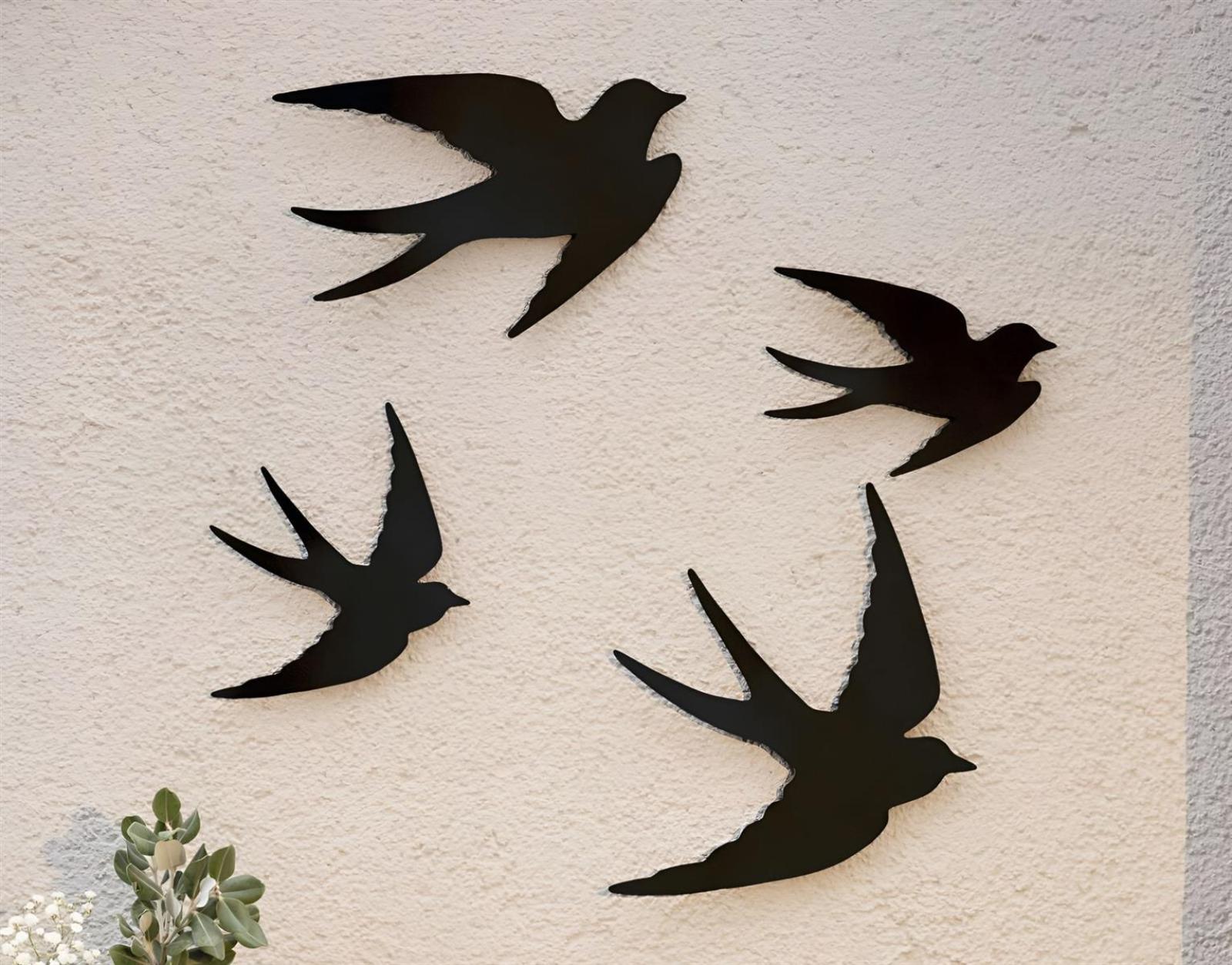 4x Wanddeko "Vögel" aus Metall, matt schwarz, Wandhänger, Wandtattoo, Metallbild