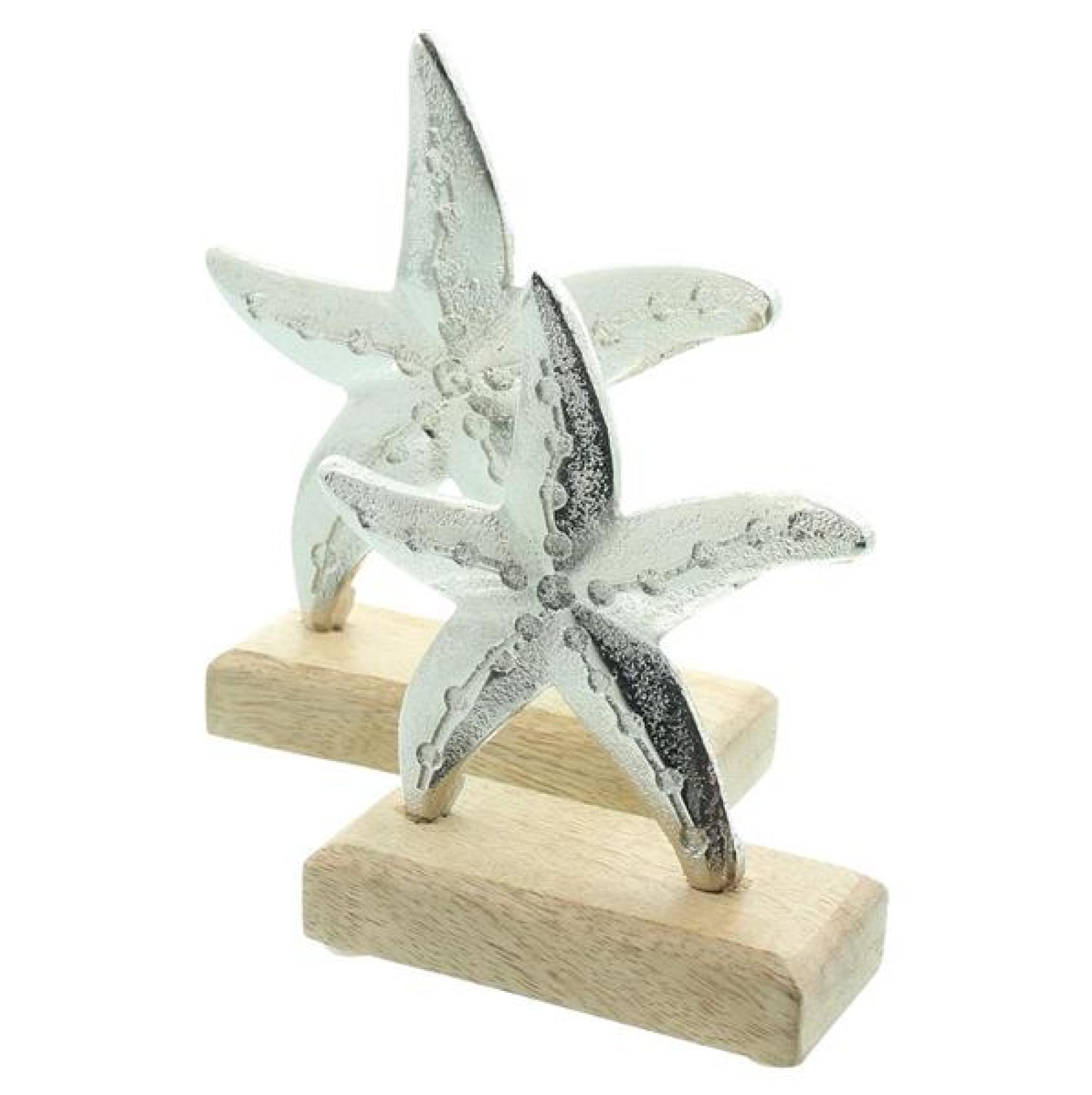 2x Dekofigur "Seestern" aus Aluminium im Antik Design, Sockel aus Mango Holz, Tischdeko maritim