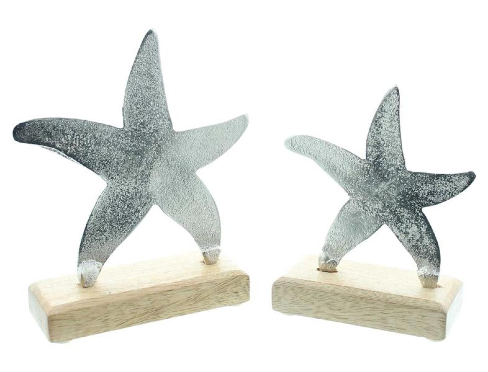 2x Dekofigur "Seestern" aus Aluminium im Antik Design, Sockel aus Mango Holz, Tischdeko maritim