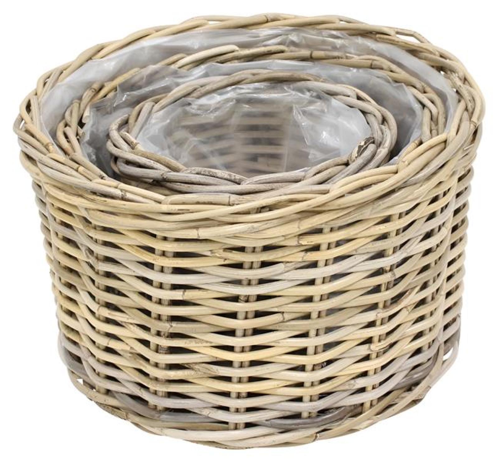 3x Pflanzkorb "Koboo Grey" aus Rattan, Ø 26, 32, 40 cm, Blumentopf, Pflanzkübel, Pflanztopf für Draußen, Blumenkübel