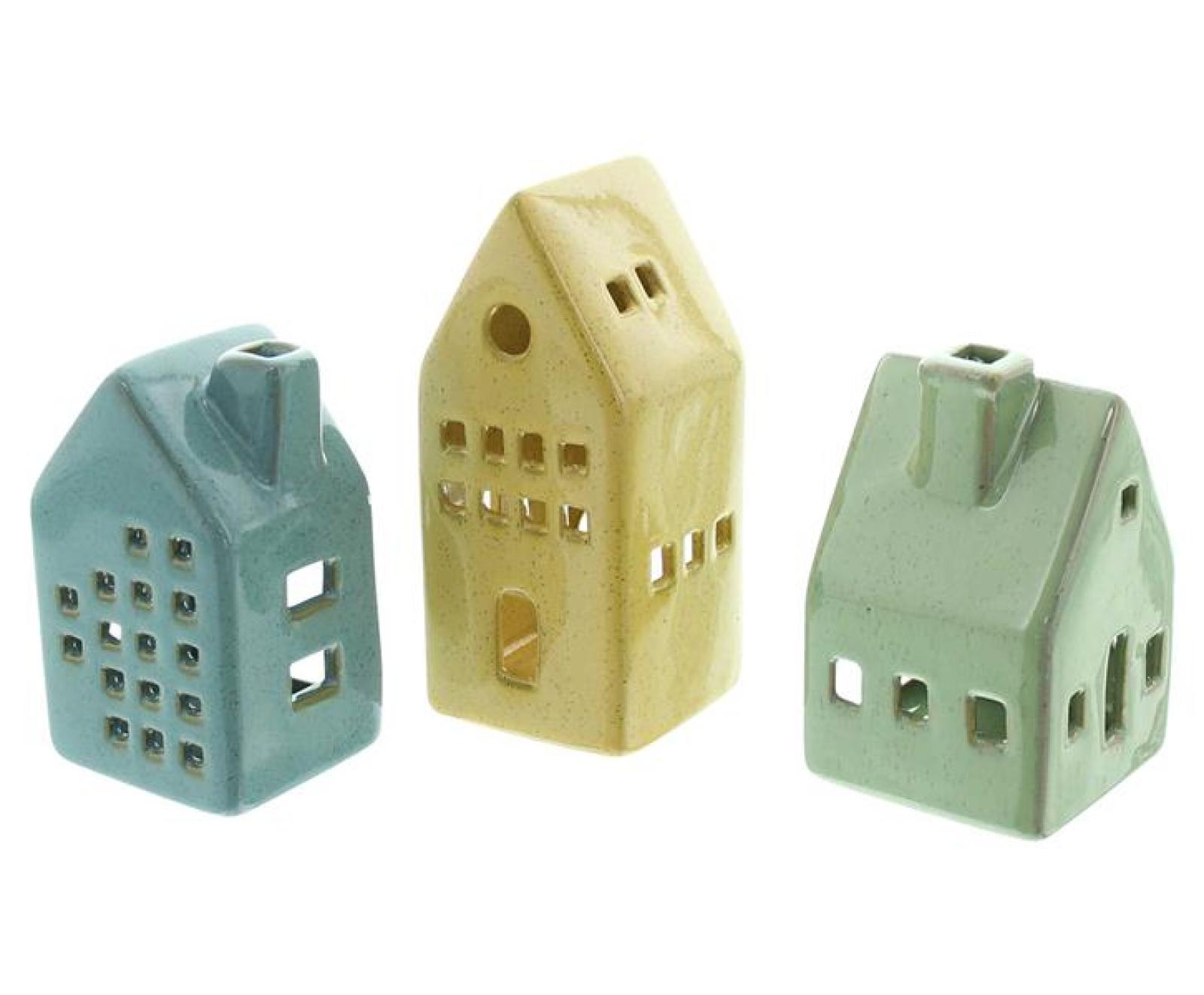 3x Teelichthalter "Häuser" aus Porzellan, Haus in gelb, grün & blau, Räucherhäuschen, Dekohaus