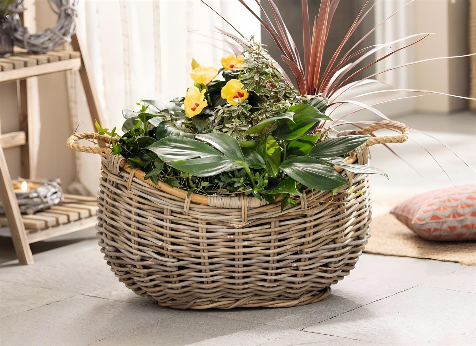 XXL Pflanzkorb "Koobo Grey" aus Rattan, 58 x 43 cm, Blumentopf, Pflanzkübel, Pflanztopf, Blumenkorb