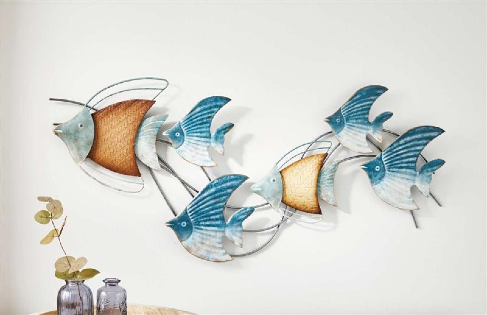 3D Wanddeko "Fischschwarm" aus Metall, 89x39 cm, maritim, Wandbild, Wandschmuck, Metalldeko