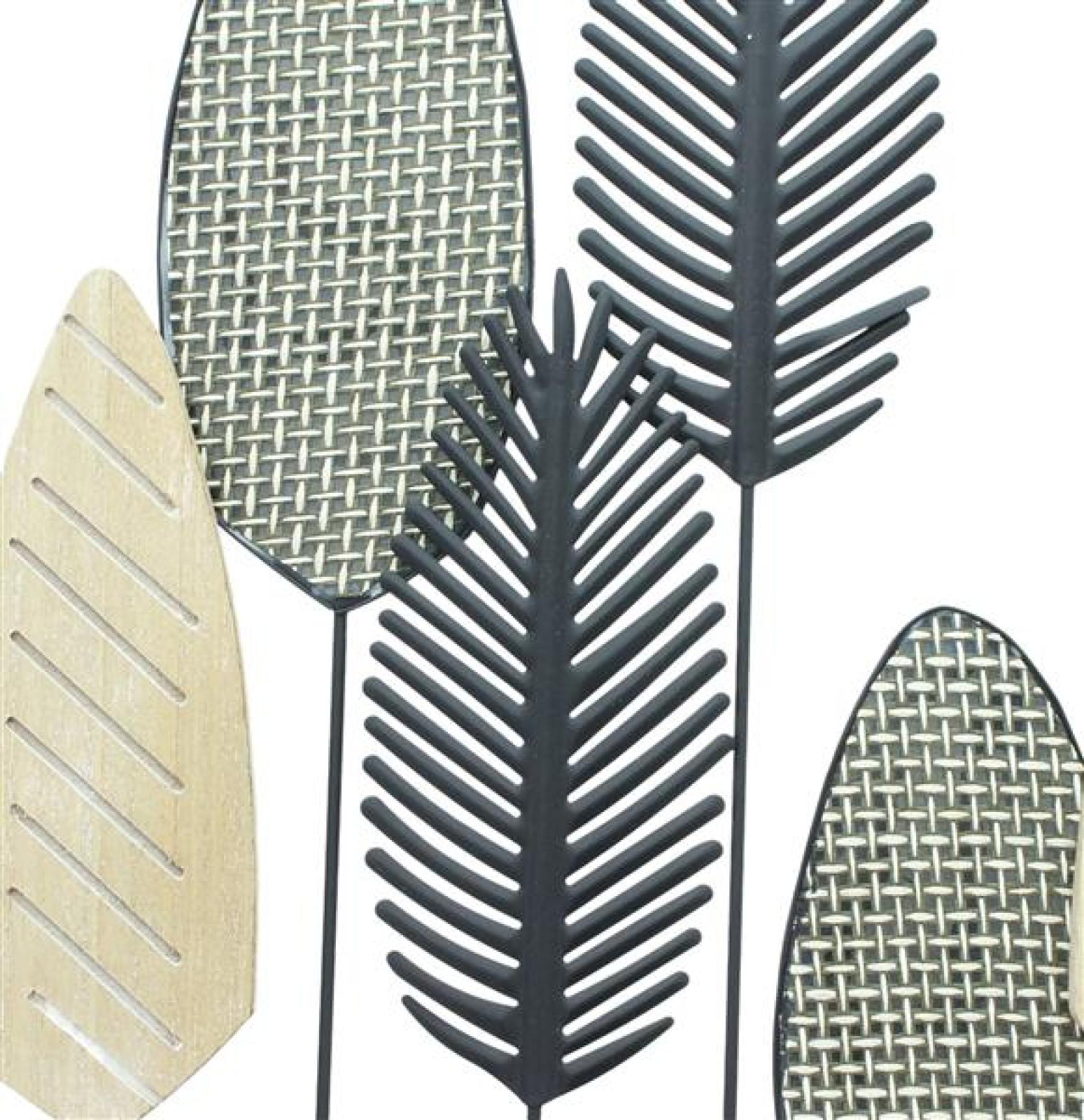 Wanddeko "Blätter" aus Metall schwarz & Holz, rund, Ø 56 cm, Wandbild, Wandschmuck, Metallbild