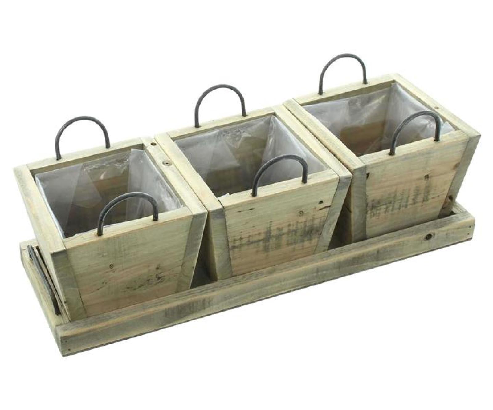 3 Mini Pflanztöpfe mit Tablett, aus recyceltem Holz, Blumentopf für In- & Outdoor, Pflanzgefäß eckig, Pflanzkübel