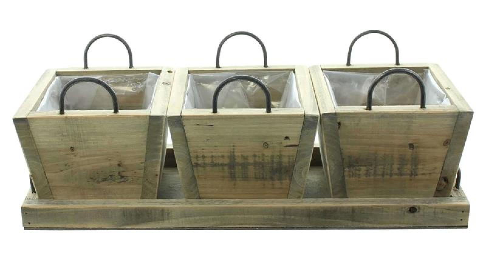 3 Mini Pflanztöpfe mit Tablett, aus recyceltem Holz, Blumentopf für In- & Outdoor, Pflanzgefäß eckig, Pflanzkübel