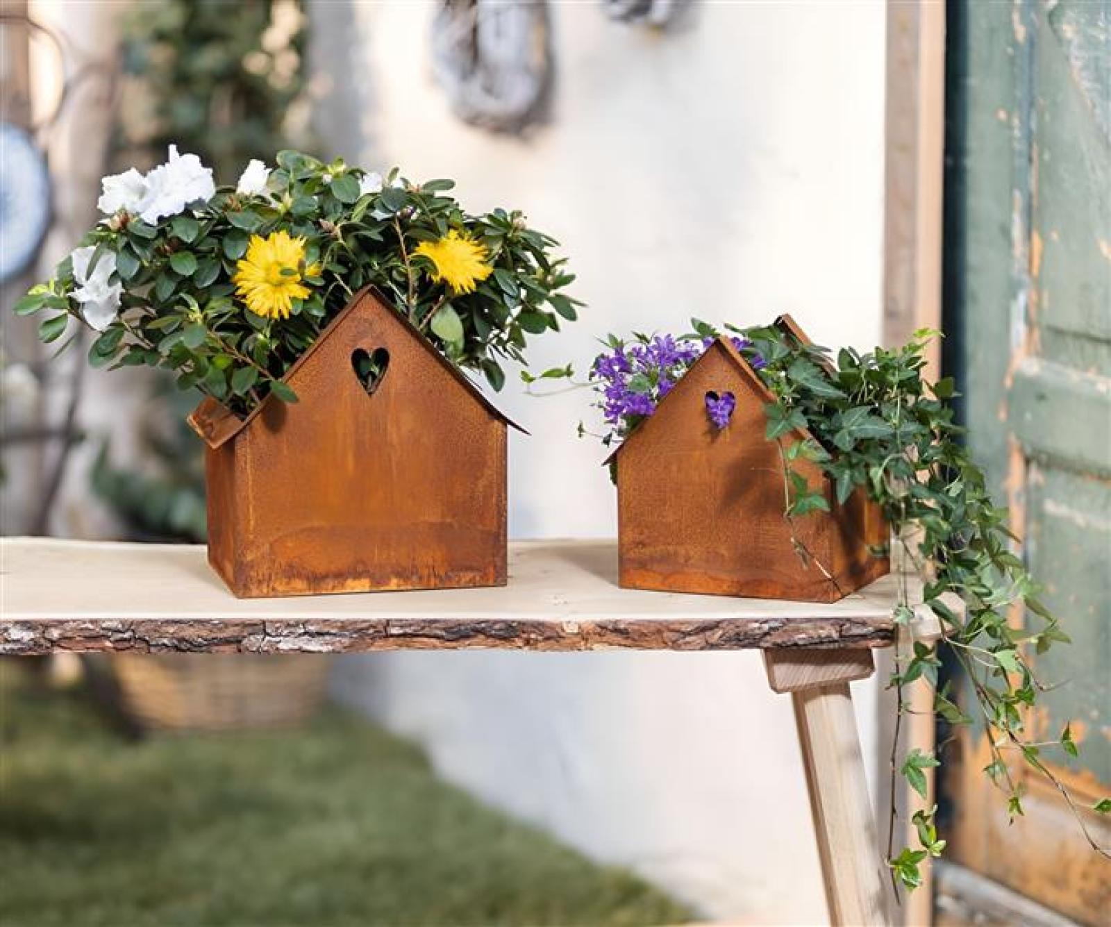2x Pflanzer "Haus" aus Metall mit Rost Finish, Outdoor Blumentopf, Pflanztopf, Pflanzgefäß, Gartendeko für Außen