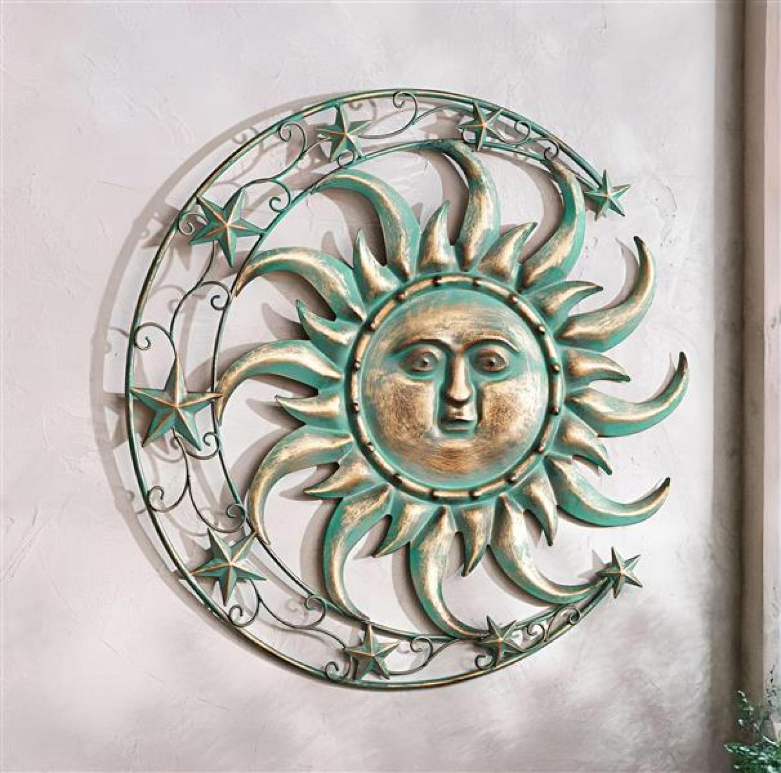 3D Wanddeko "Sonne, Mond & Sterne" aus Metall, mintgrün & gold, Ø 46 cm, Metallbild, Wandbild