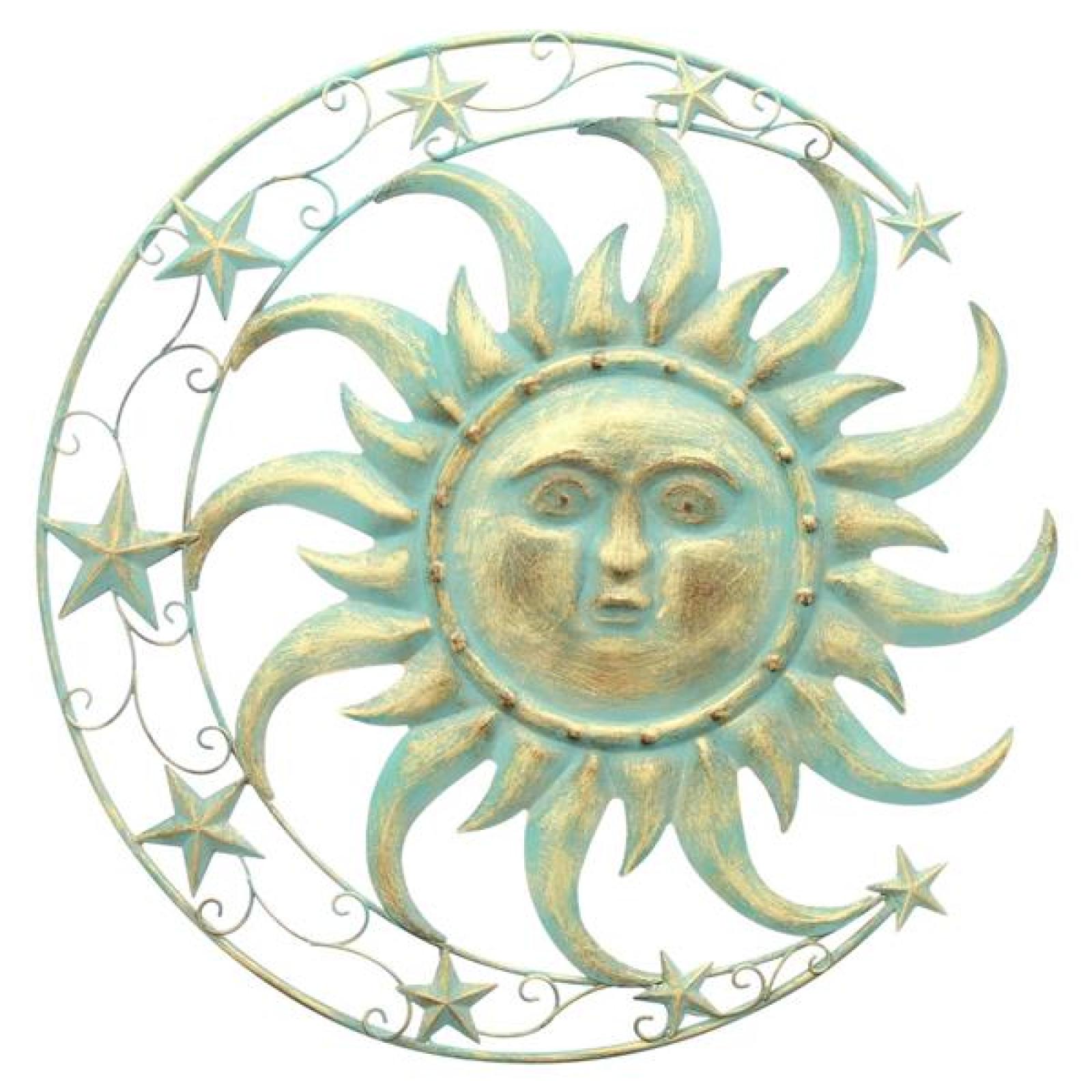 3D Wanddeko "Sonne, Mond & Sterne" aus Metall, mintgrün & gold, Ø 46 cm, Metallbild, Wandbild