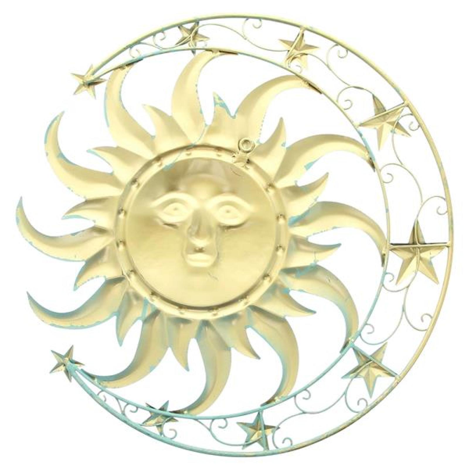 3D Wanddeko "Sonne, Mond & Sterne" aus Metall, mintgrün & gold, Ø 46 cm, Metallbild, Wandbild
