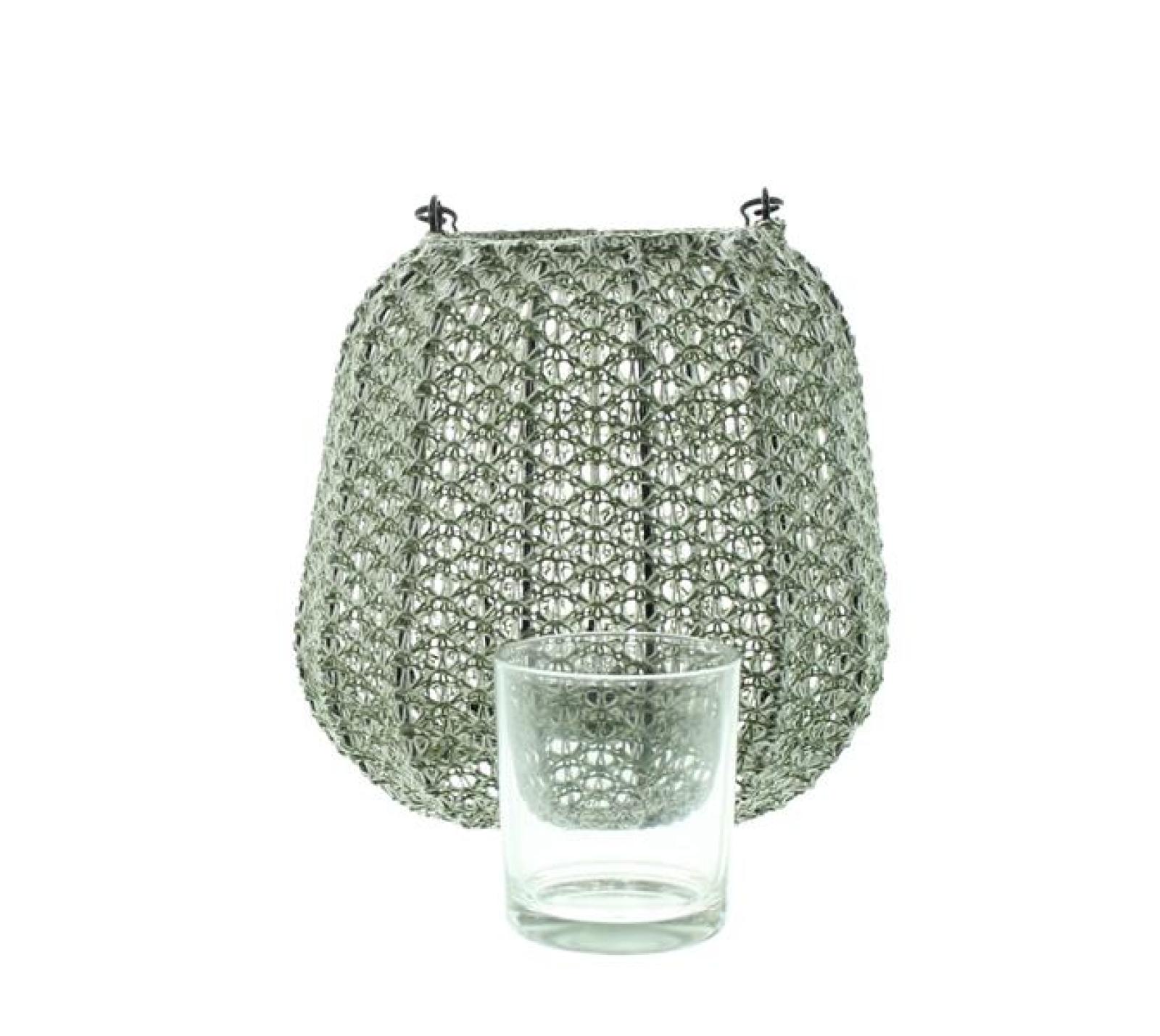 Laterne "Gehäkelt" aus Garn in grün, Deko Kerzenlaterne Ø 20 x 18 cm, Kerzenhalter mit Windlicht Glas