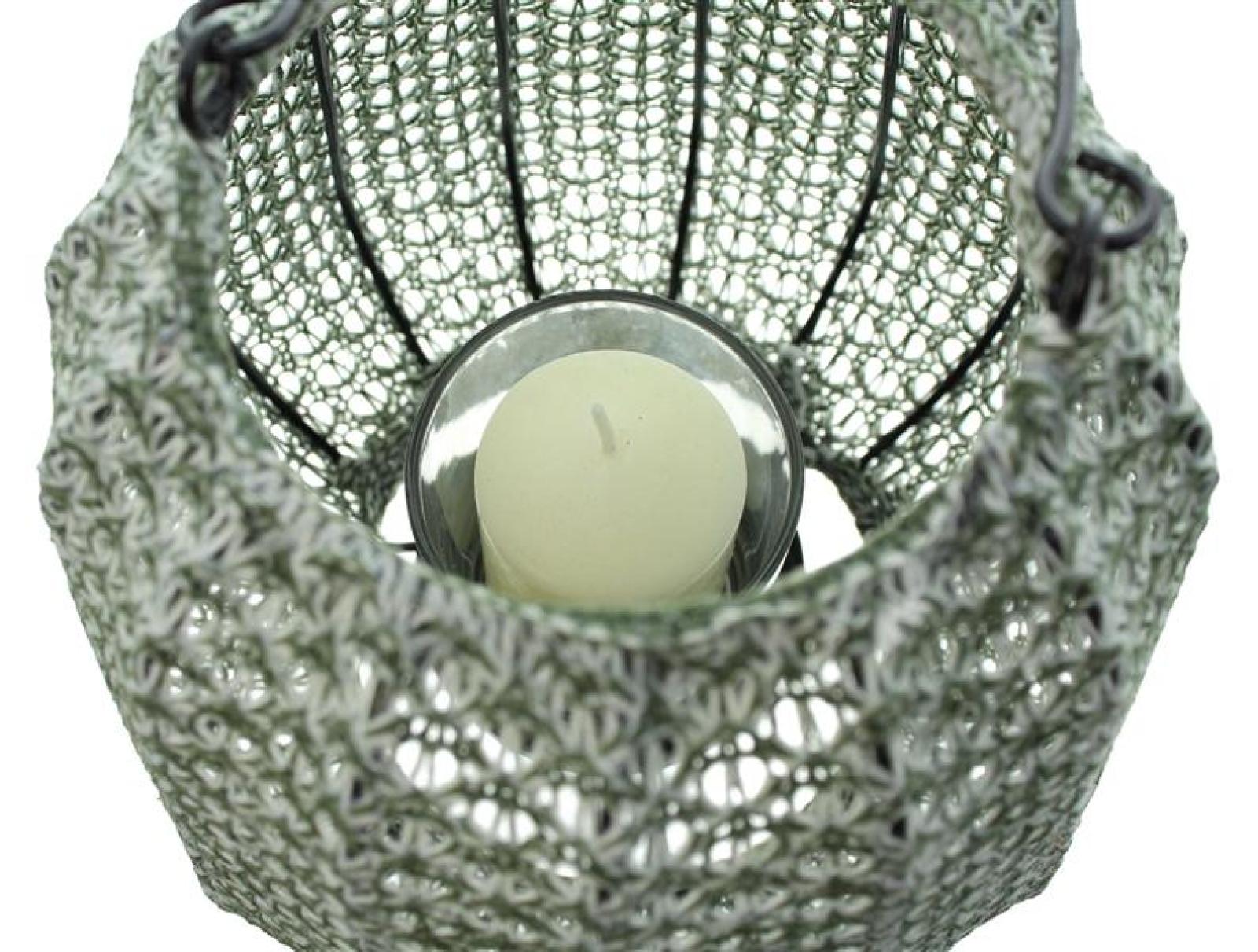 Laterne "Gehäkelt" aus Garn in grün, Deko Kerzenlaterne Ø 20 x 18 cm, Kerzenhalter mit Windlicht Glas