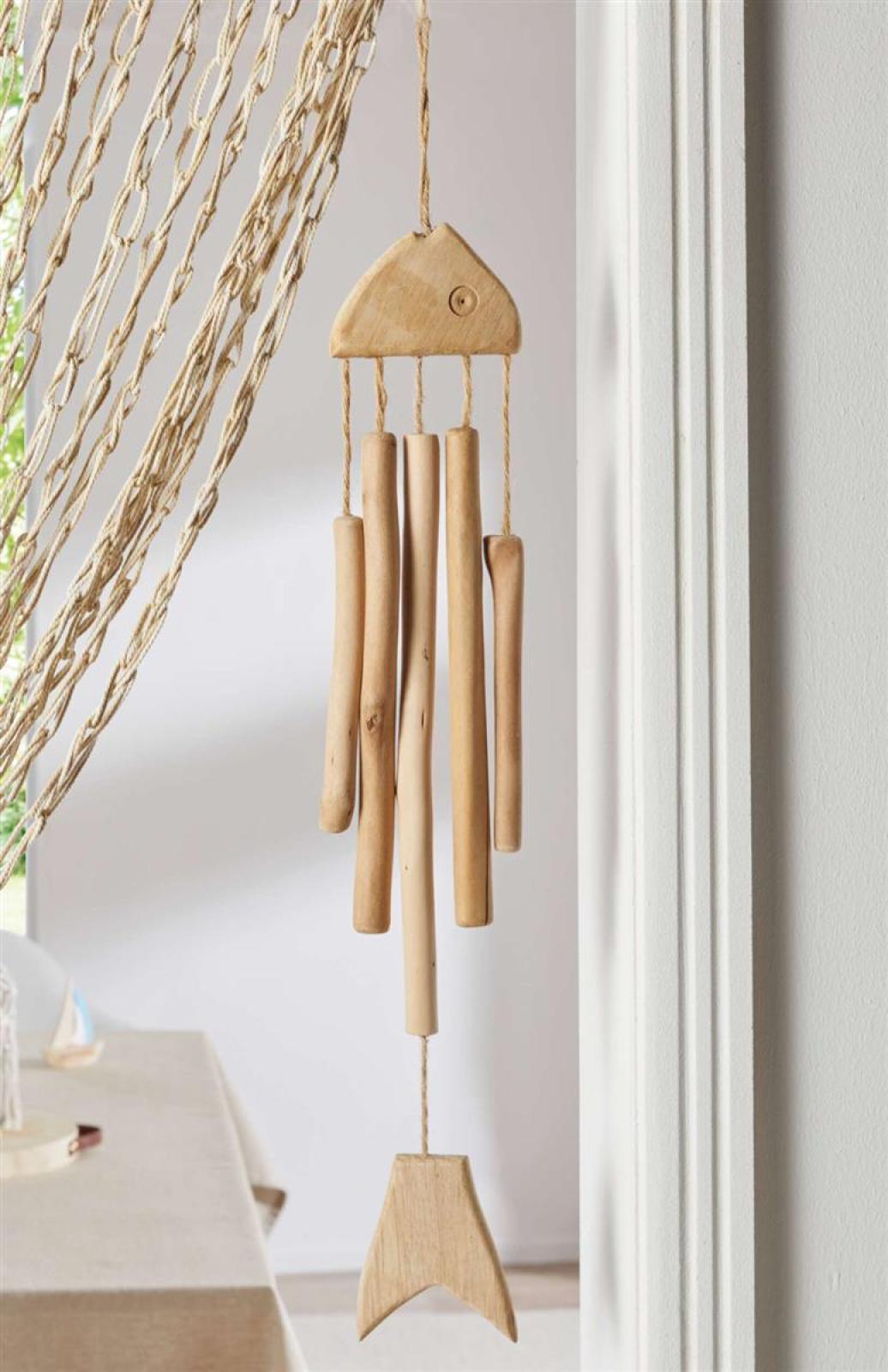Windspiel "Fisch" aus Holz, 63 cm hoch, maritm, Outdoor Klangspiel für Garten, Balkon & Terrasse