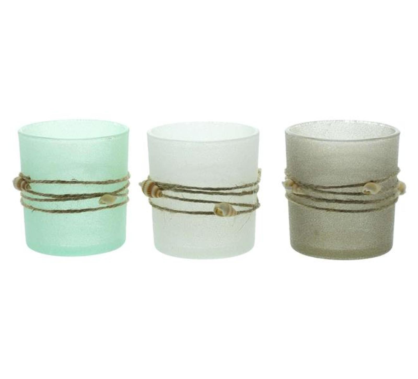 3x Windlicht „Maritim“ Teelichthalter aus Glas mit Muscheln, Teelichtgläser Set, Kerzengläser