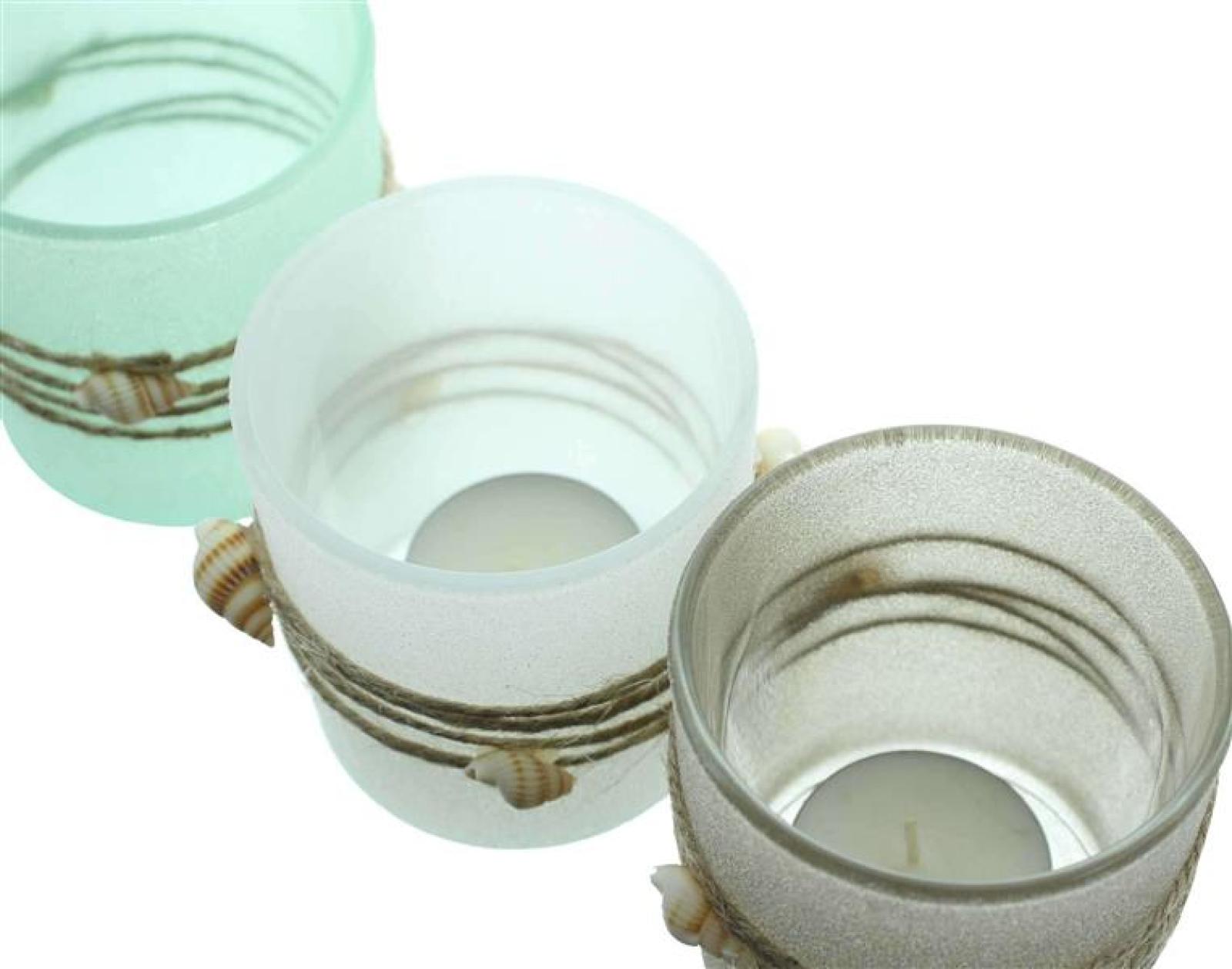 3x Windlicht „Maritim“ Teelichthalter aus Glas mit Muscheln, Teelichtgläser Set, Kerzengläser