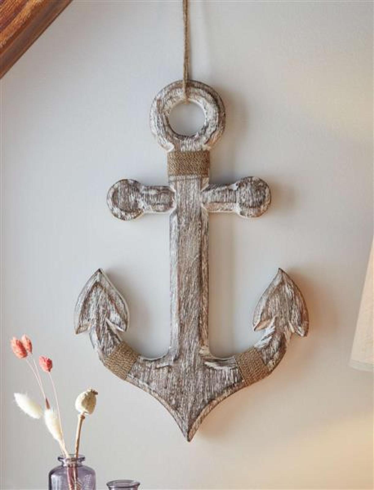 Dekofigur "Anker" aus Mango Holz, weiß, 31x48 cm, Dekohänger im Shabby Look, Deko maritim für Wand, Fenster & Tür