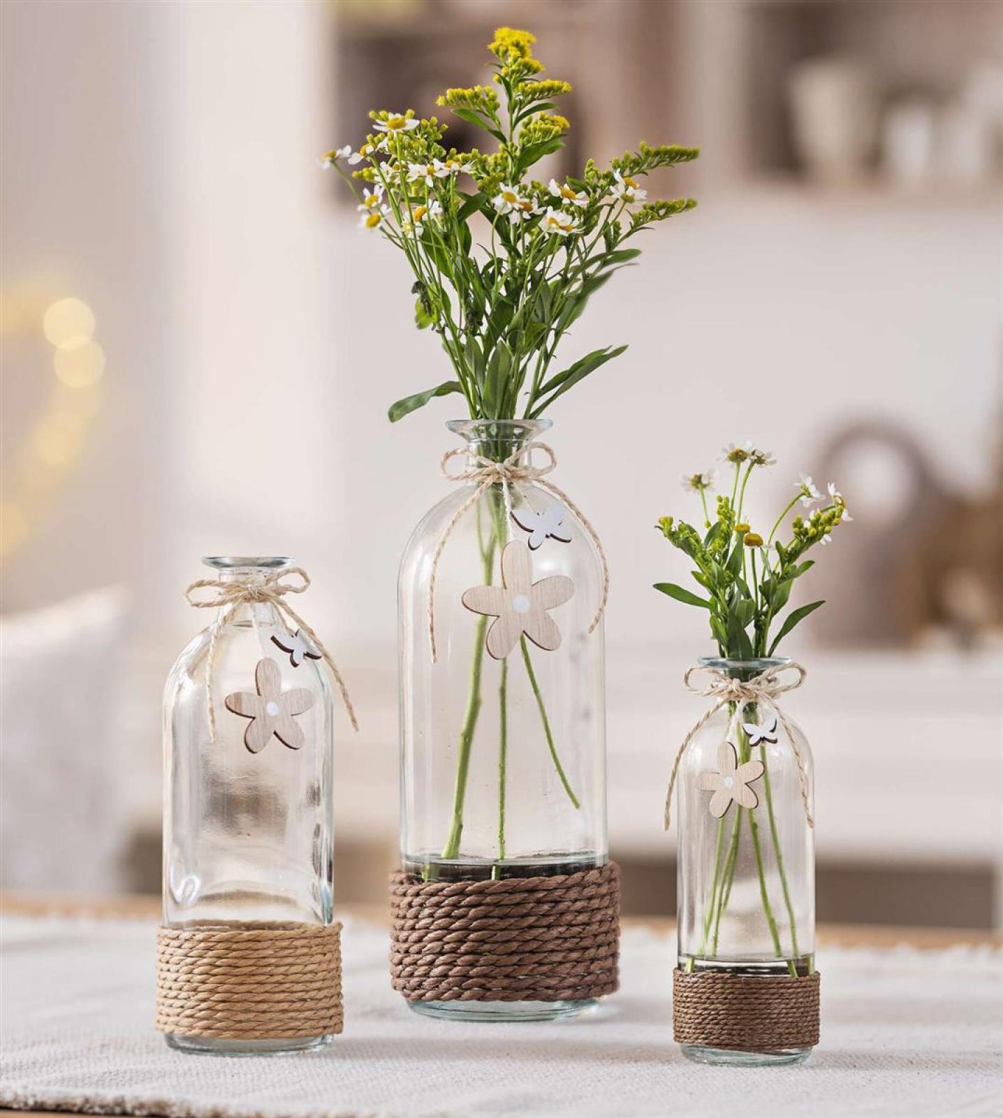 3x Vase "Blume & Schmetterling" aus Glas in Flaschenform, Blumenvase, Dekovase, Glasvase, Vasenset, Tischvase