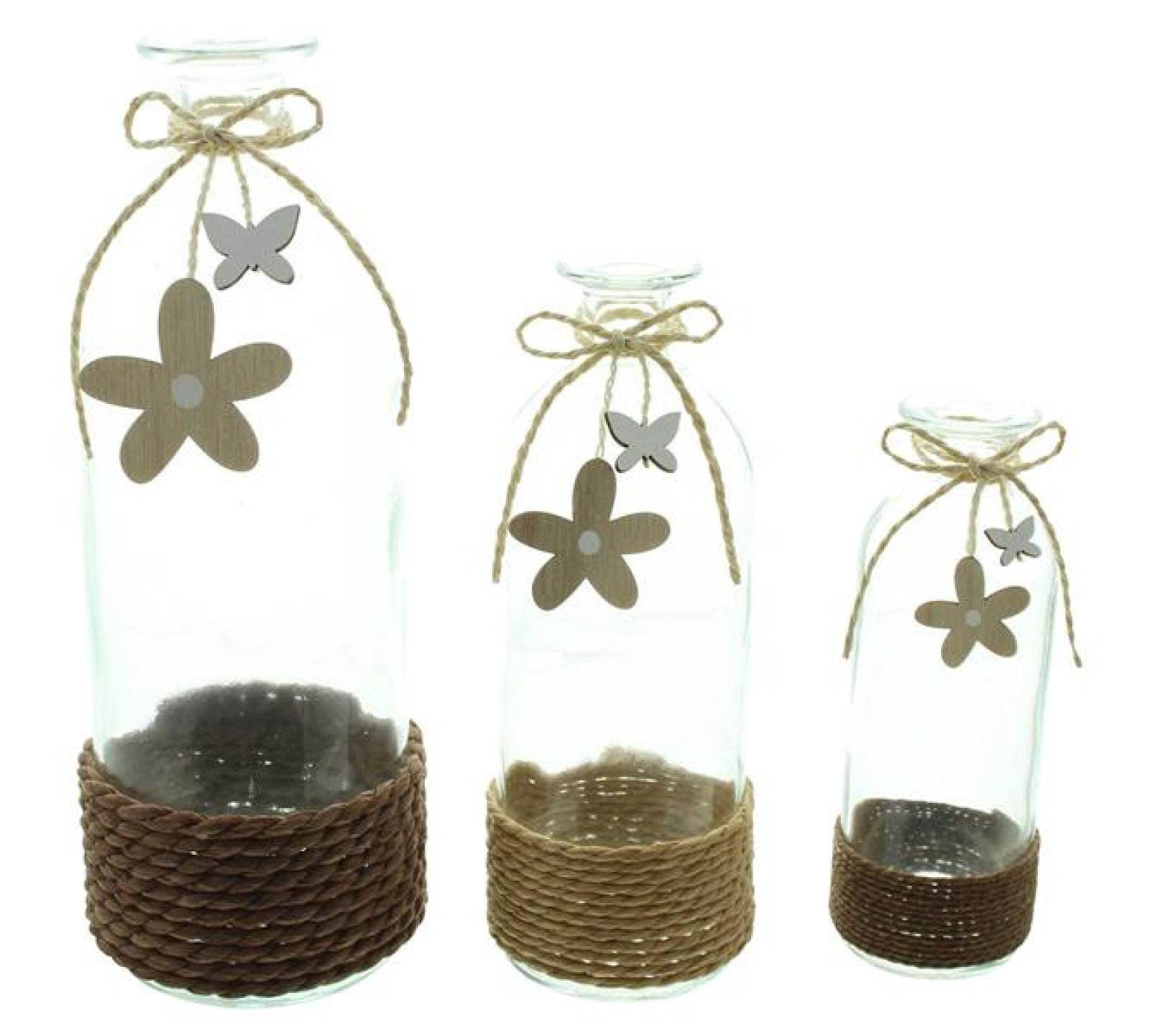 3x Vase "Blume & Schmetterling" aus Glas in Flaschenform, Blumenvase, Dekovase, Glasvase, Vasenset, Tischvase